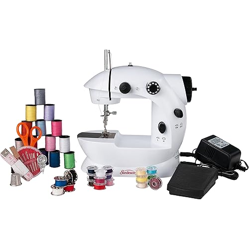 Sunbeam Mini Portable Sewing Machine AC Adapter Foot Pedal And Over 75 Piece Sewing Kit Included, Drop In Bobbin For Easy Set Up, Double Thread and Speed, Pre Threaded Ready To Use, Battery Operated As Well