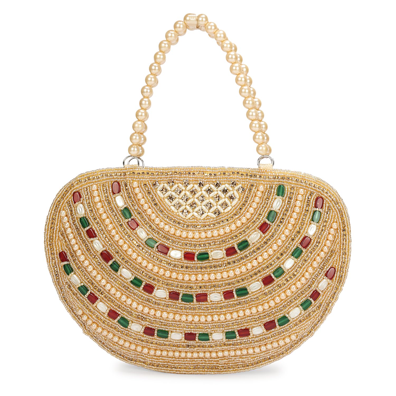 longing to buy Elegant Beaded Evening Clutch, Gold Pearl Embellished with Red and Green Stones, Vintage Style Party Handbag with Pearl Strap, 11 x 7.5 Inch-picture-45