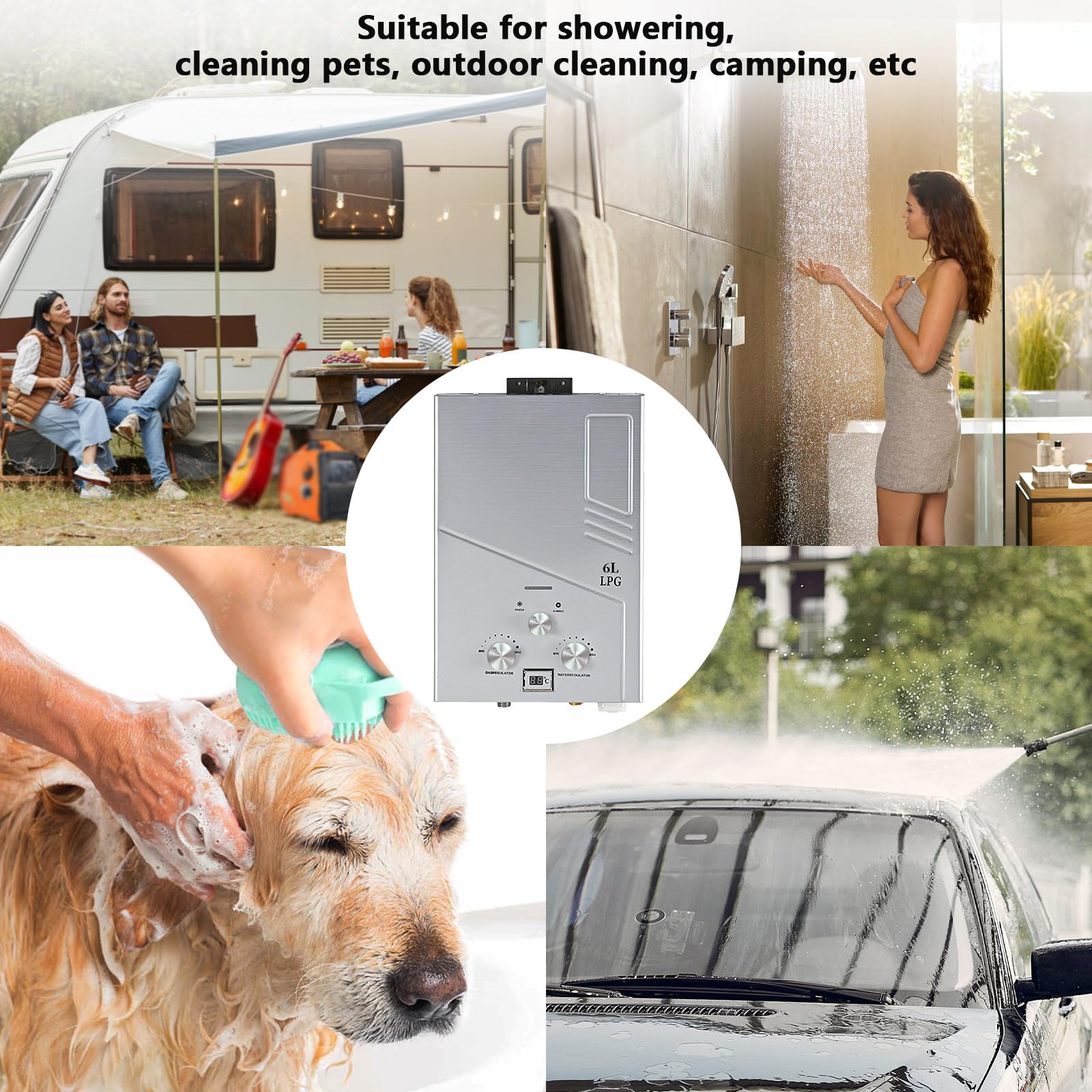 Chauffe-Eau à Gaz Instantané 6L, Chauffe-eau Instantané 12KW GPL avec Pommeau de Douche,Chauffe-eau à Gaz pour Maison Camping Caravane (6L)