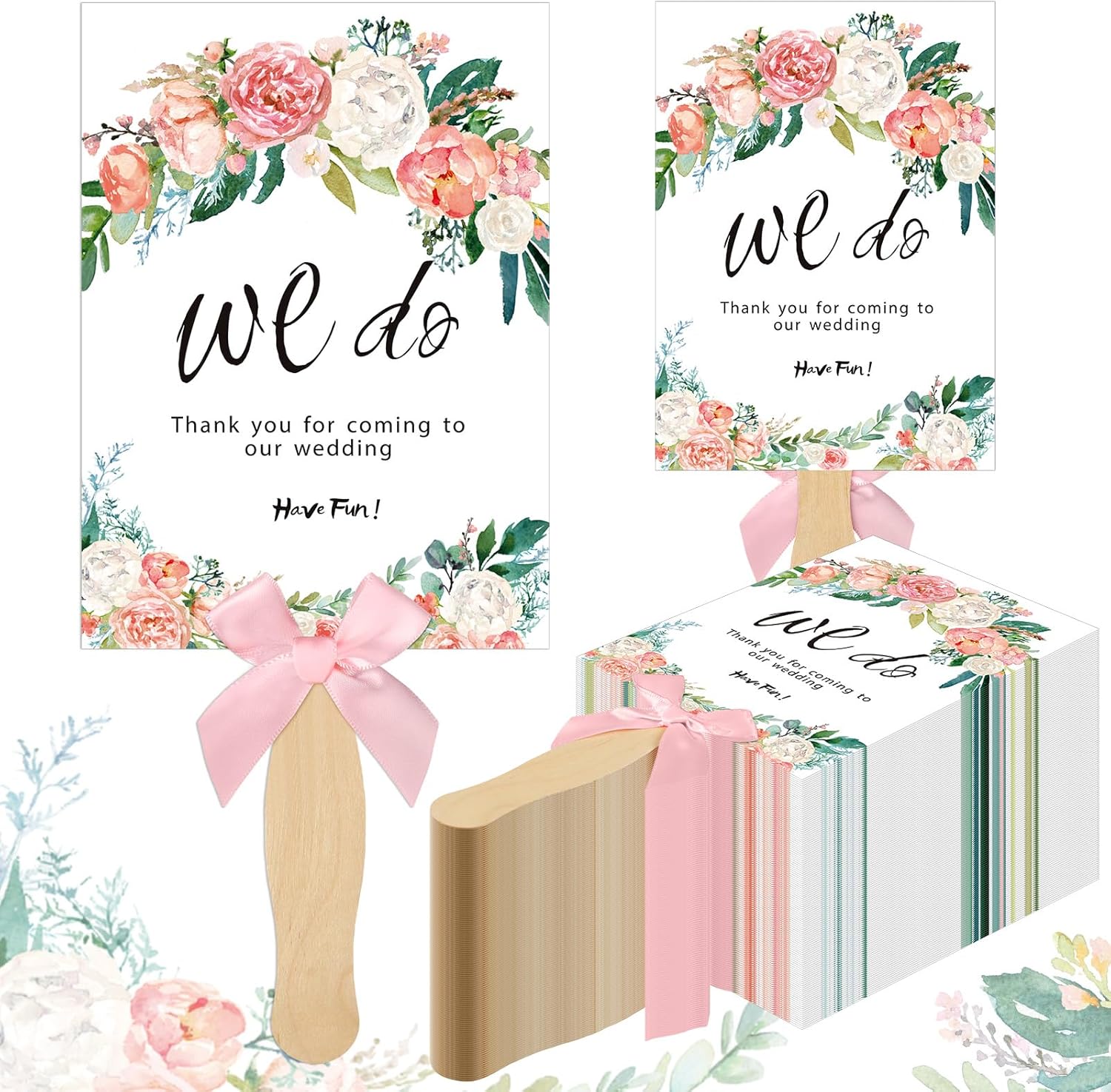Qunclay 50 Pcs Wedding Hand Fans with Bow for Guest Floral