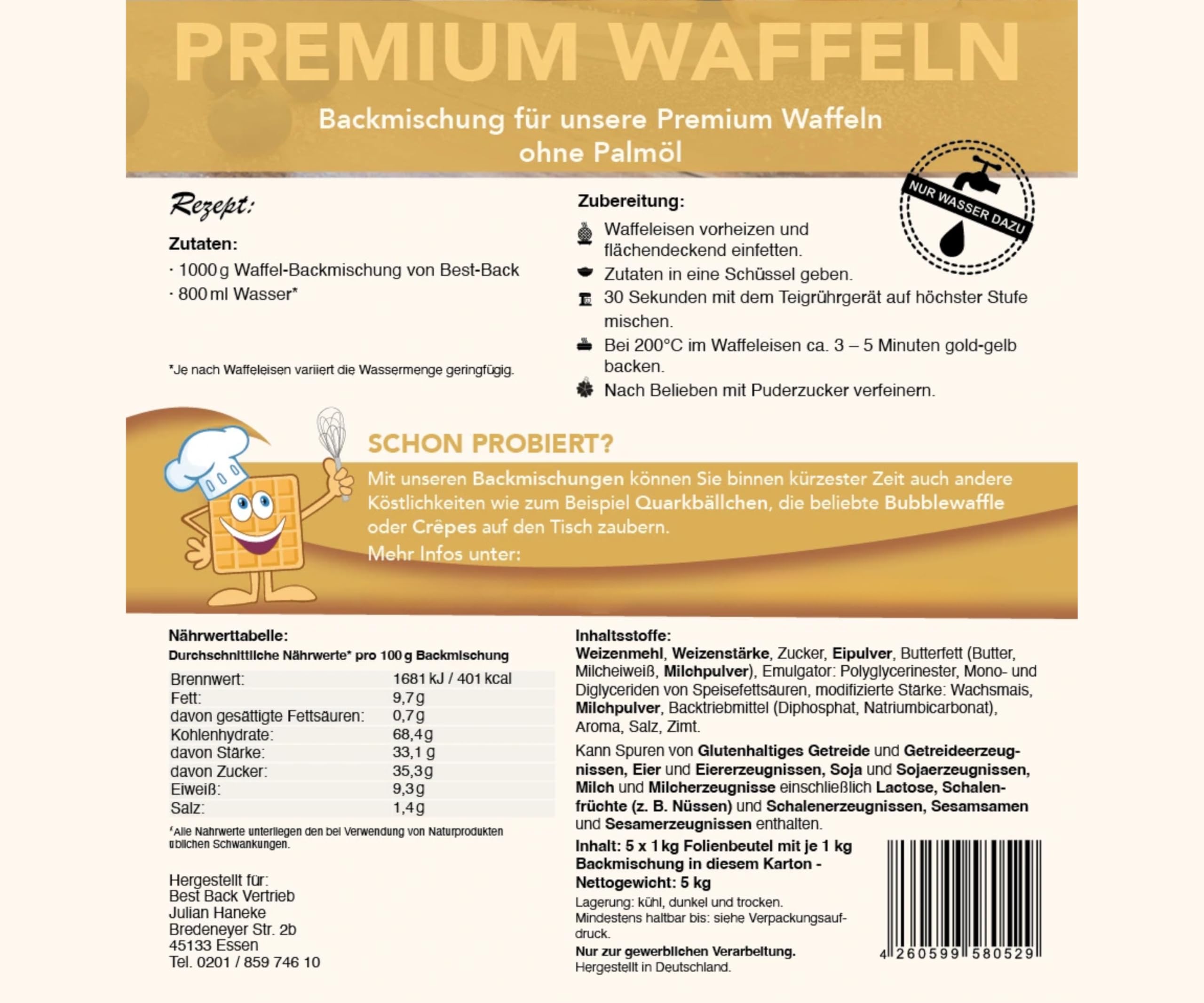 BEST BACK Premium Waffel Backmischung 5 kg, 5er Pack (1kg)