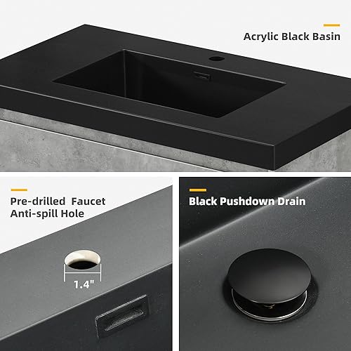 Miniatura 4 de DWVO Tocador flotante de 36 pulgadas montado en la pared con lavabo acrílico negro y 2 cajones de madera, lavabo de baño moderno con armario