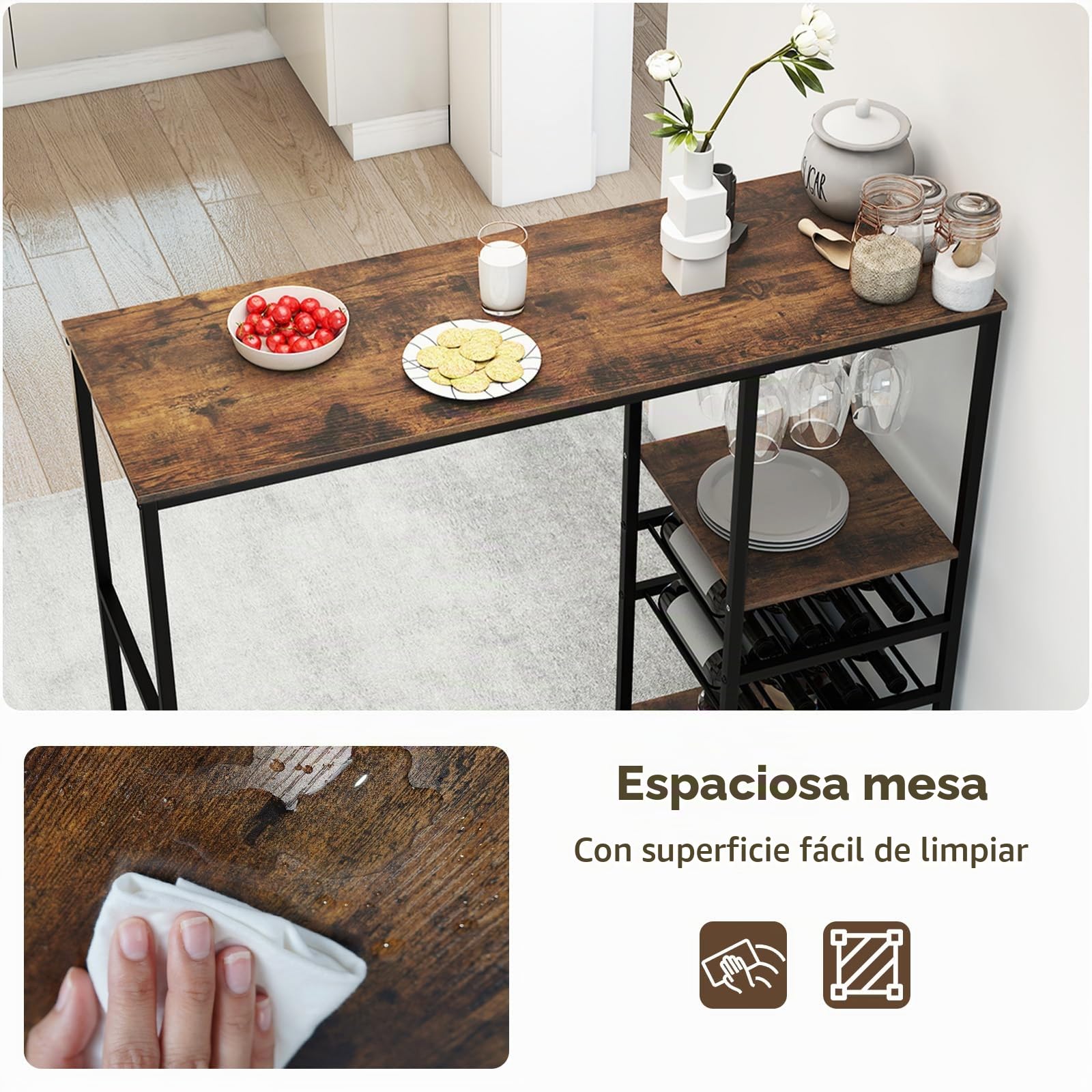 LIFEZEAL Mesa de Bar de 5 Niveles, Mesa Alta Cocina con Amplia Superficie， Mueble de Almacenamiento con Estantes Abiertos y 2 Portavasos Debajo de la Bandeja, Estructura de Metal Sólida