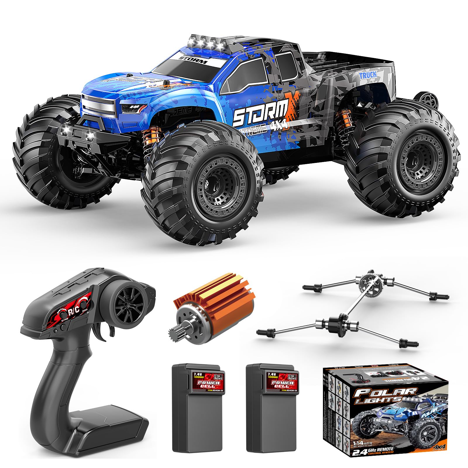 Macchina telecomandata professionale 1:14 Off-Road Monster Truck, 4x4 40 km/h, Veicolo Fuoristrada con 2 Batterie 1300mAh, Ammortizzatori in Metallo, 6 Luci LED, RTR Auto Radiocomandata 4WD