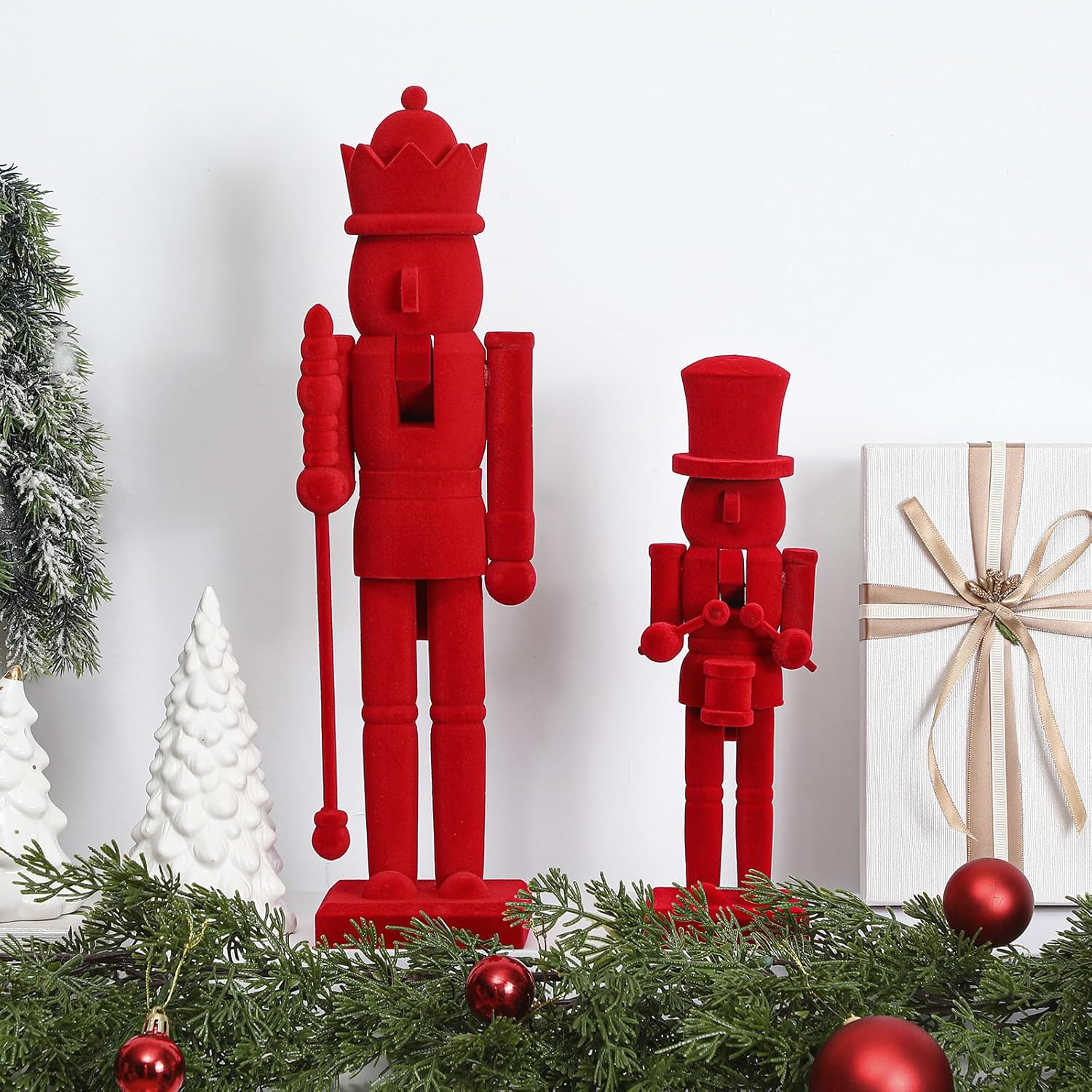 2 Pcs Christmas Nutcracker Ornaments 15'' 10'' Traditional Nutcracker Figures Christmas Decor Soldier Festive Collectible Gift for Table Fireplace Home(Red,Wooden+Velvet)