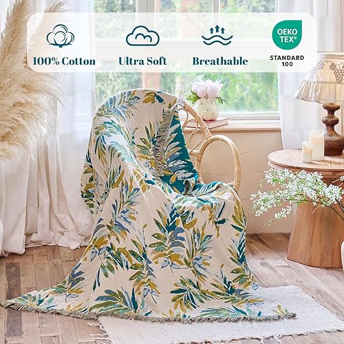 Miniatura 2 de MSGKV Manta bohemia para sofá, muselina de algodón, transpirable, con hojas de 50 x 60 pulgadas, manta para sofá y silla, para todas las estaciones,