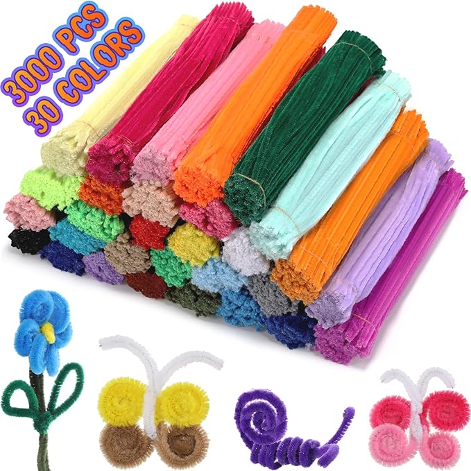 Yunsailing 3000 Pcs Pipe Cleaners Bulk Craft Supplies 6 mm x 12 Inch Chenille Stems Pipe Cleaner for DIY Arts Crafts Decorations Flowers Decor(Multicolor)