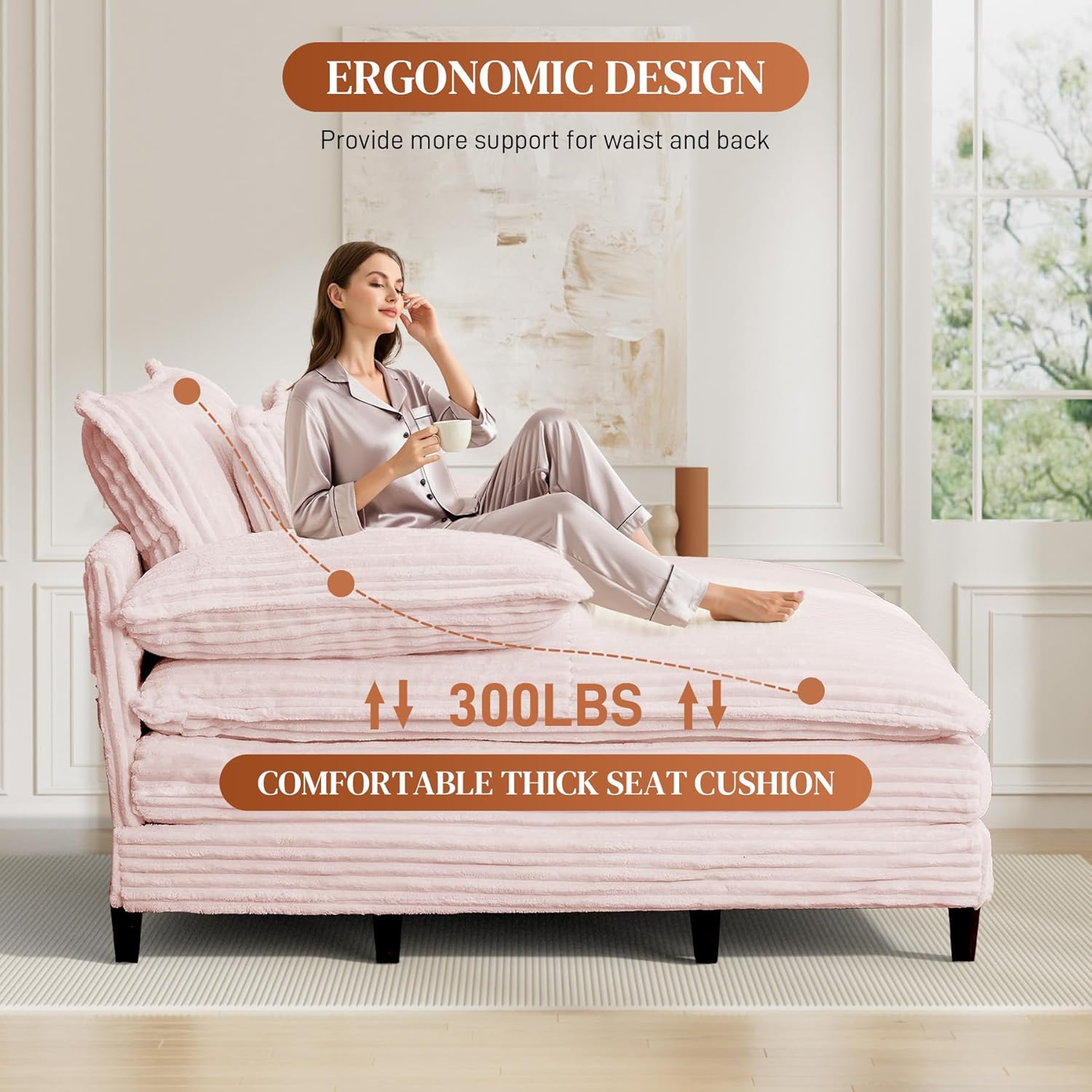 Rophefx 101" W Oversized Double Chaise Lounge Chair Indoor, Upholstered Corduroy Sofa Couch with 6 Pillows, 90°-180°Adjust, Fluffy Reading Chair, Cloud Sleeper Sofa Bed for Living Room Bedroom, Pink