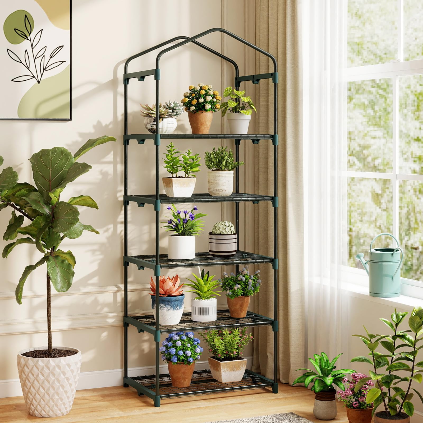 COSTWAY Gewächshaus klein, Mini Tomatengewächshaus mit 5 Regalböden aus Metall, Foliengewächshaus Winterfest für Terrasse, Balkon & Garten, 69 x 48 x 190 cm (Grün)