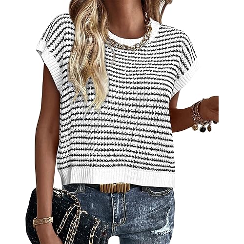 PRETTYGARDEN Womens Short Sleeve Sweater Spring Summer 2025 Round Neck Striped Pullover Cap Sleeve Knit Sweater Vest Tops