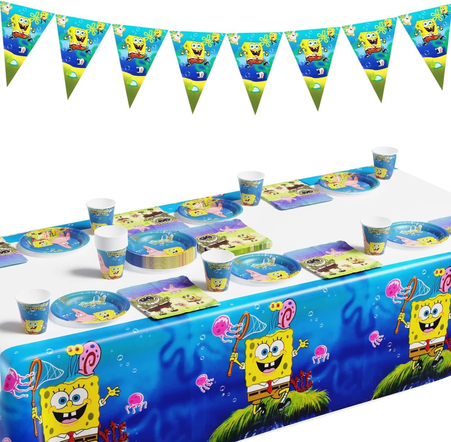 Bob Esponja Fiesta Vajilla 71 Pcs,Bob Esponja Cumpleaños Vajilla,Spongebob Suministros de Fiesta,Bob Esponja Cumpleaños Decoración,Bandera,Plato,Servilleta de Papel,Taza,Mantel,para Fiesta Decoración