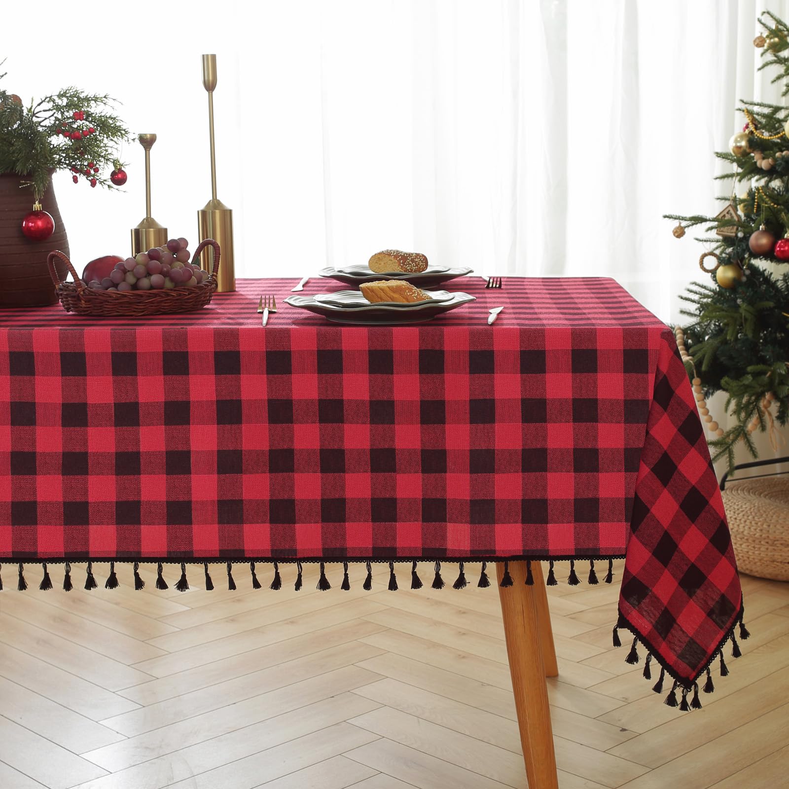 Alsoo Red Checkered Tablecloth Square Cotton Linen Fabric Gingham Table Cloth Buffalo Plaid Table Cover with Tassel Wrinkle Free Washable for Kitchen
