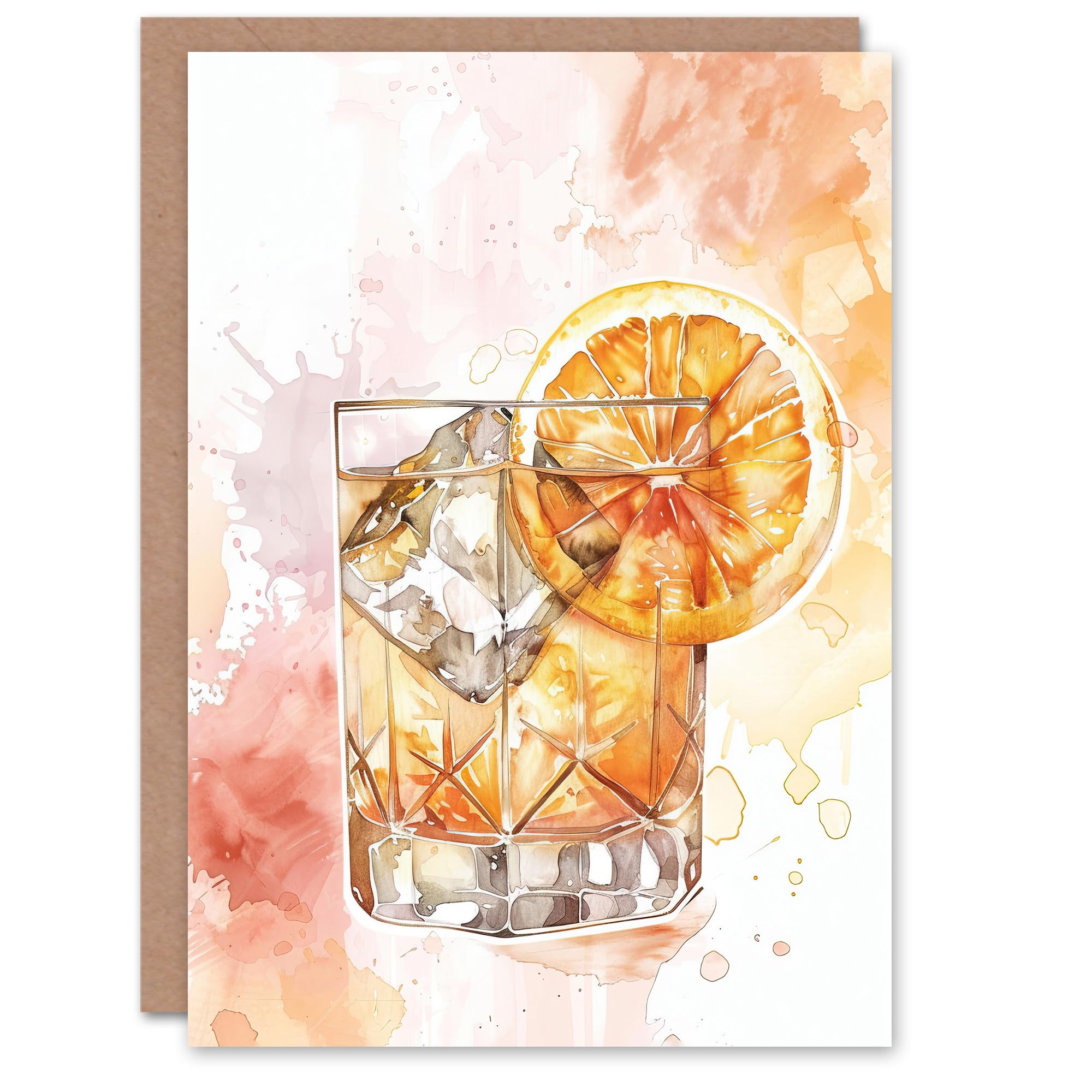 Artery8 Greeting Card Classic Old Fashioned Cocktail Orange Watercolour Blank For All Him Or Her Art Birthday Card