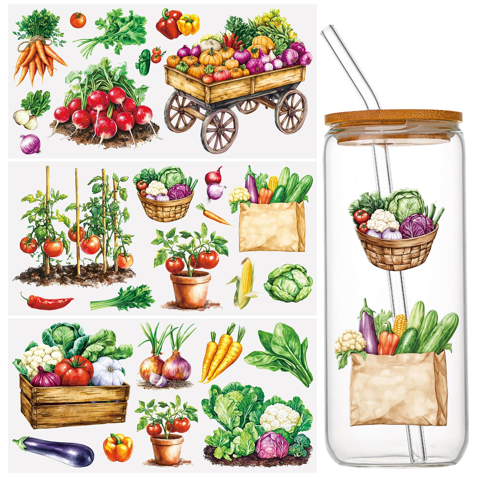 WANDIC 3 Sheets UV DTF Cup Warp Rub on Transfer Stickers, Rural Vegetable Theme 3D Waterproof Decals for DIY Glass Water Bottle Furniture Crafts,15 * 30cm