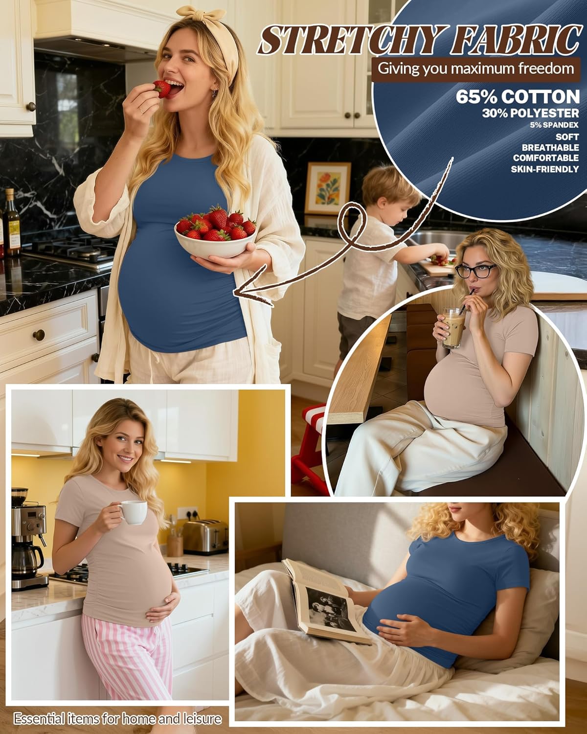 Huukeay 4 Pack Women's Maternity Shirts, Crew Neck Maternity Top Short Sleeve Casual Cotton Tee Side Ruched Pregnancy Clothes - Image 4