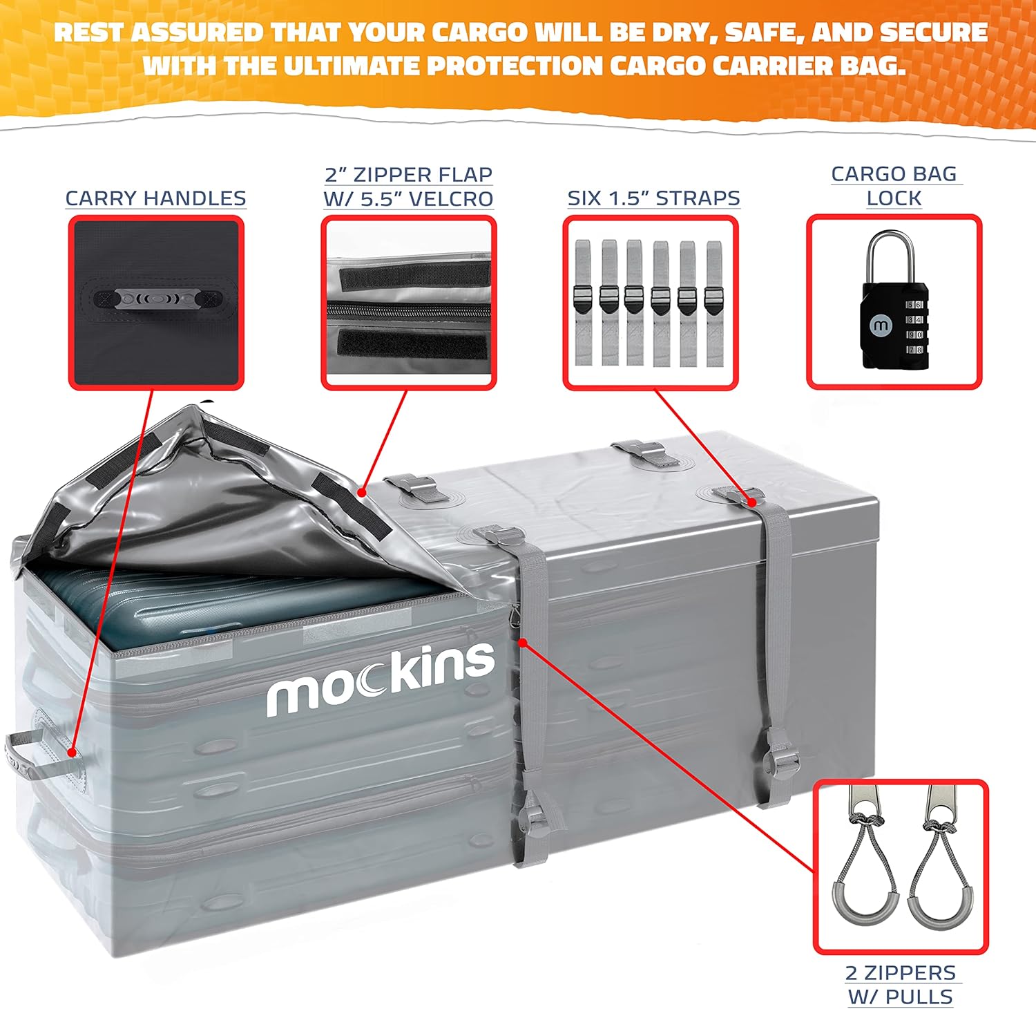 Mockins 60x20x6 Heavy Duty Trailer Hitch Cargo Carrier 500lb Cap. & 16CuFt Waterproof Luggage Cargo Bag | Folding Luggage Rack for SUV & Cars with Cargo Net & Hitch Accessories |Fits 2" Receiver |Gray : Automotive