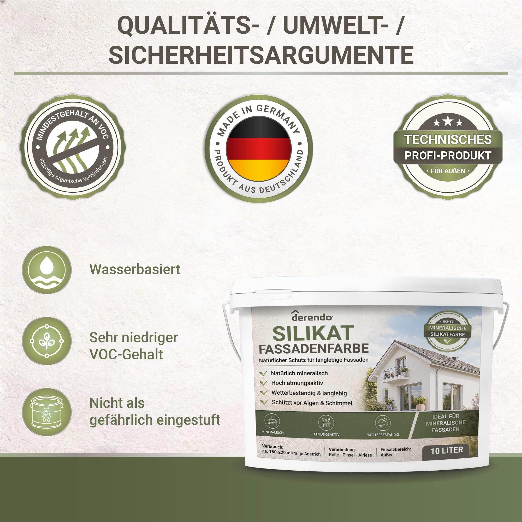 derendo Silikat Fassadenfarbe weiß matt, mineralische Silikatfarbe 10l | hoch diffusionsoffen für Putz, Beton, Mauerwerk und Altanstriche im Aussenbereich