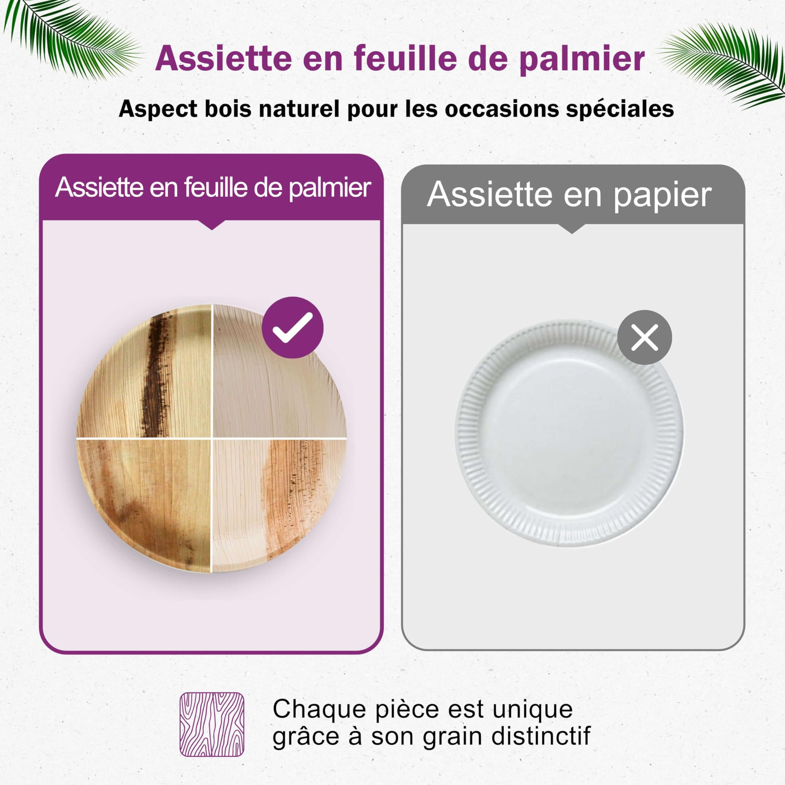 Assiette Jetable en Feuille de Palmier - 200 pcs. Rondes Ø 25 cm - Vaisselle Naturelle et Élégante - Chic, Résistante et au Design Unique -semblable au Bambou et au Carton