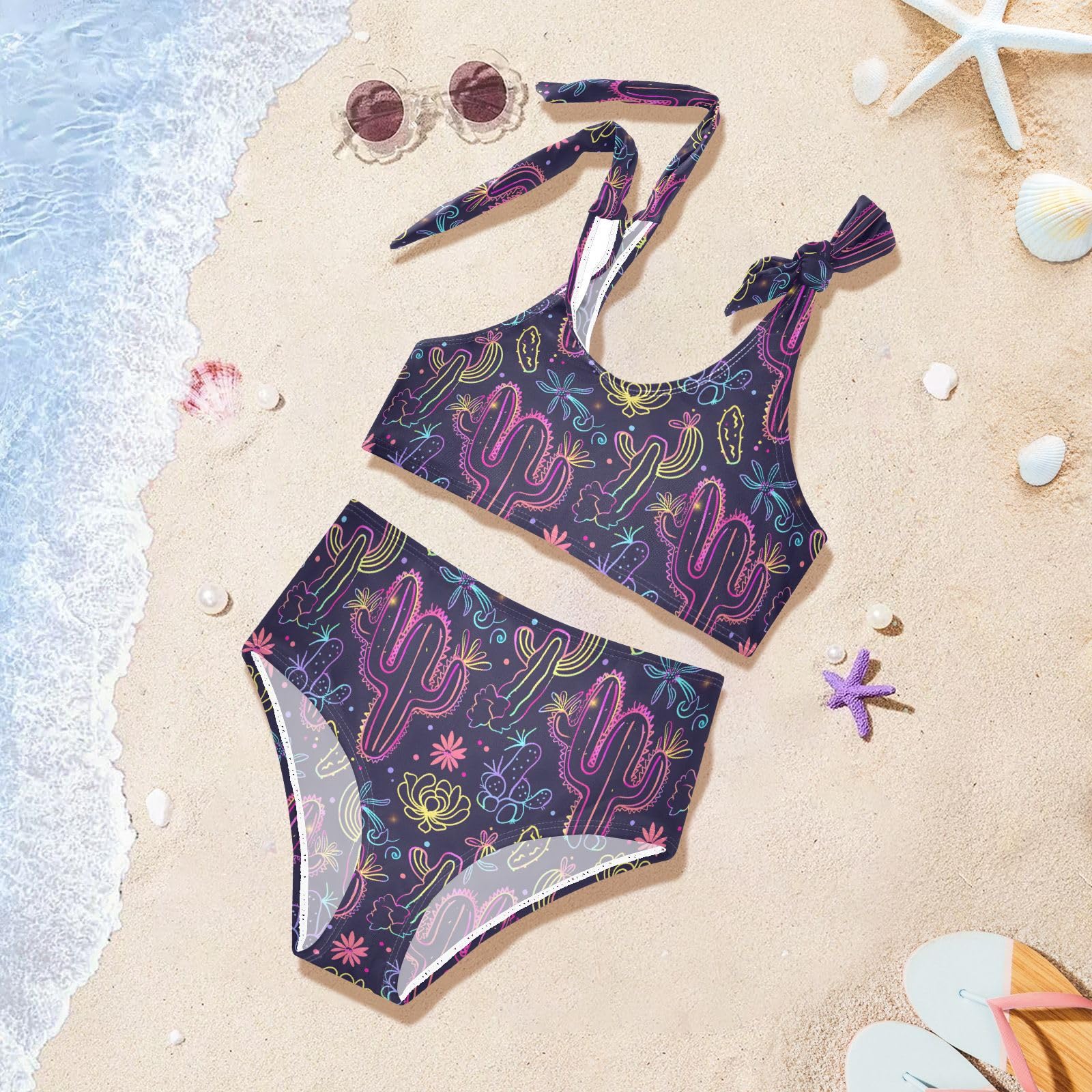Neon Cactus and Flower Girls Two Piece Tankini Swimsuits Summer Bathing Suit Beach Swimwear Set, 4T