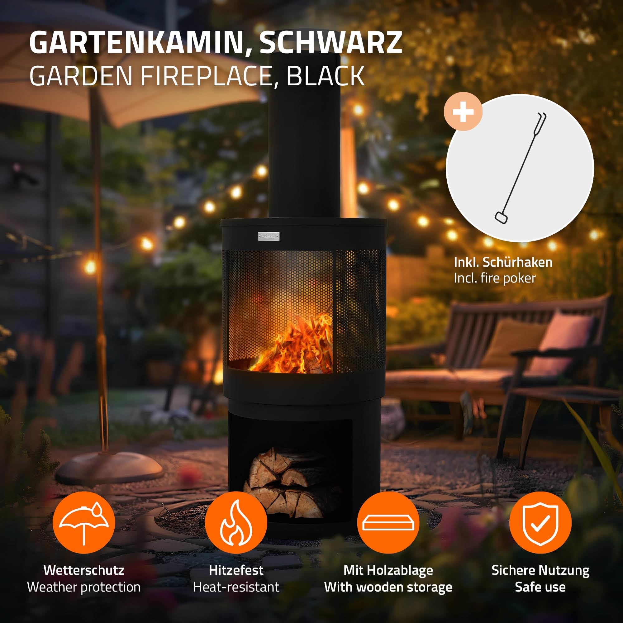 ML-Design Foyer de Jardin avec Cheminée, 131x45 cm, Rond, Noir, en Acier, Poêle de Terrasse Extérieur avec Tisonnier, Toit Amovible & Support à Bois, Brasero en Forme de Coupe/Panier à Feu Camping