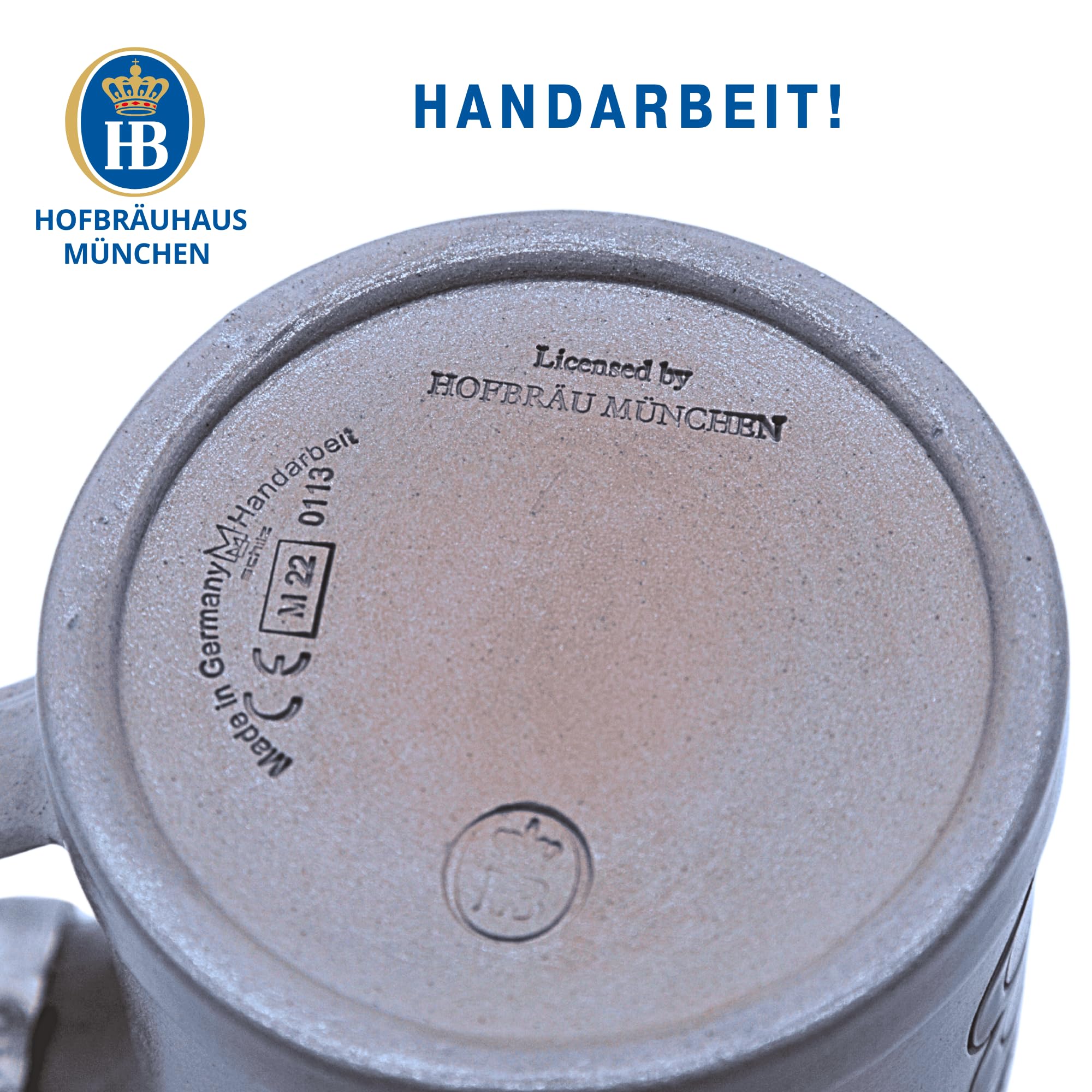 Hofbräuhaus München Stein Bierkrug 0,5 L Original Salzglasur mit Zinndeckel | Maßkrug | Bierglas mit HB Logo, Krug, Geschenkidee für Herren und Damen (mit Zinndeckel, 0,5 Liter (1 Stück))