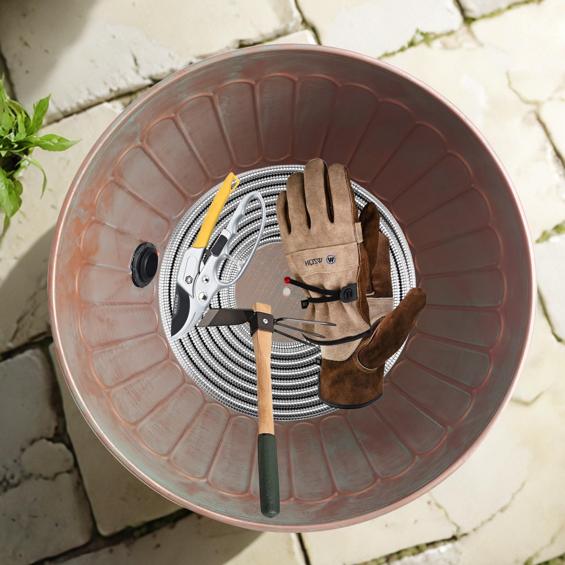 Soporte para manguera de agua de jardín, maceta de metal decorativa, maceta de almacenamiento de manguera de metal, organizador de almacenamiento de jardín, cubo portátil para patio, detalles de cobre