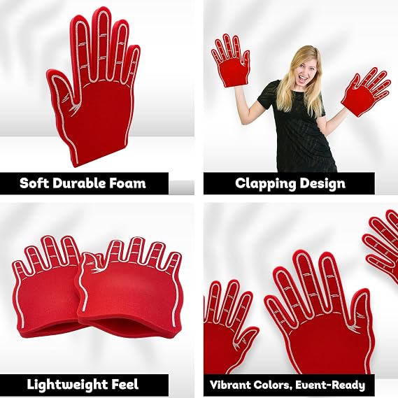 Giant Clapping Foam Hand for All Occasions - 2 Pcs Cheerleading Giant High Five Foam Fingers for Sports Exciting Vibrant Colors Use Celebration Pom Poms Great for Sporting Events (RED)