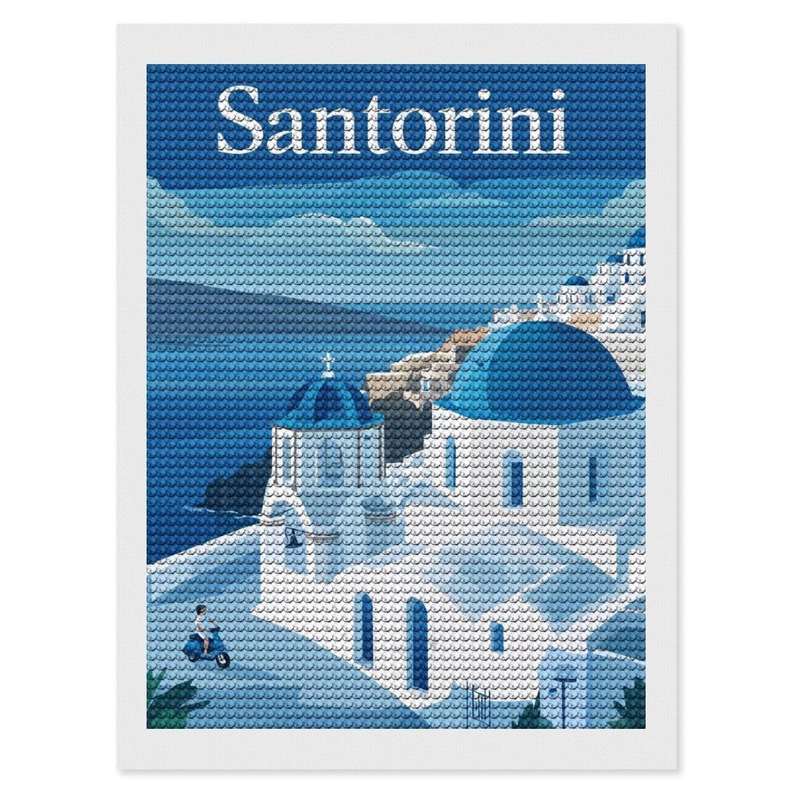 Junmoney The Beauty of Santorini Diamond Art Canvas 12"x16", Decorate Your Room, Mindful Craft Activity, Cosy Home Accent, Thoughtful Handmade Gift