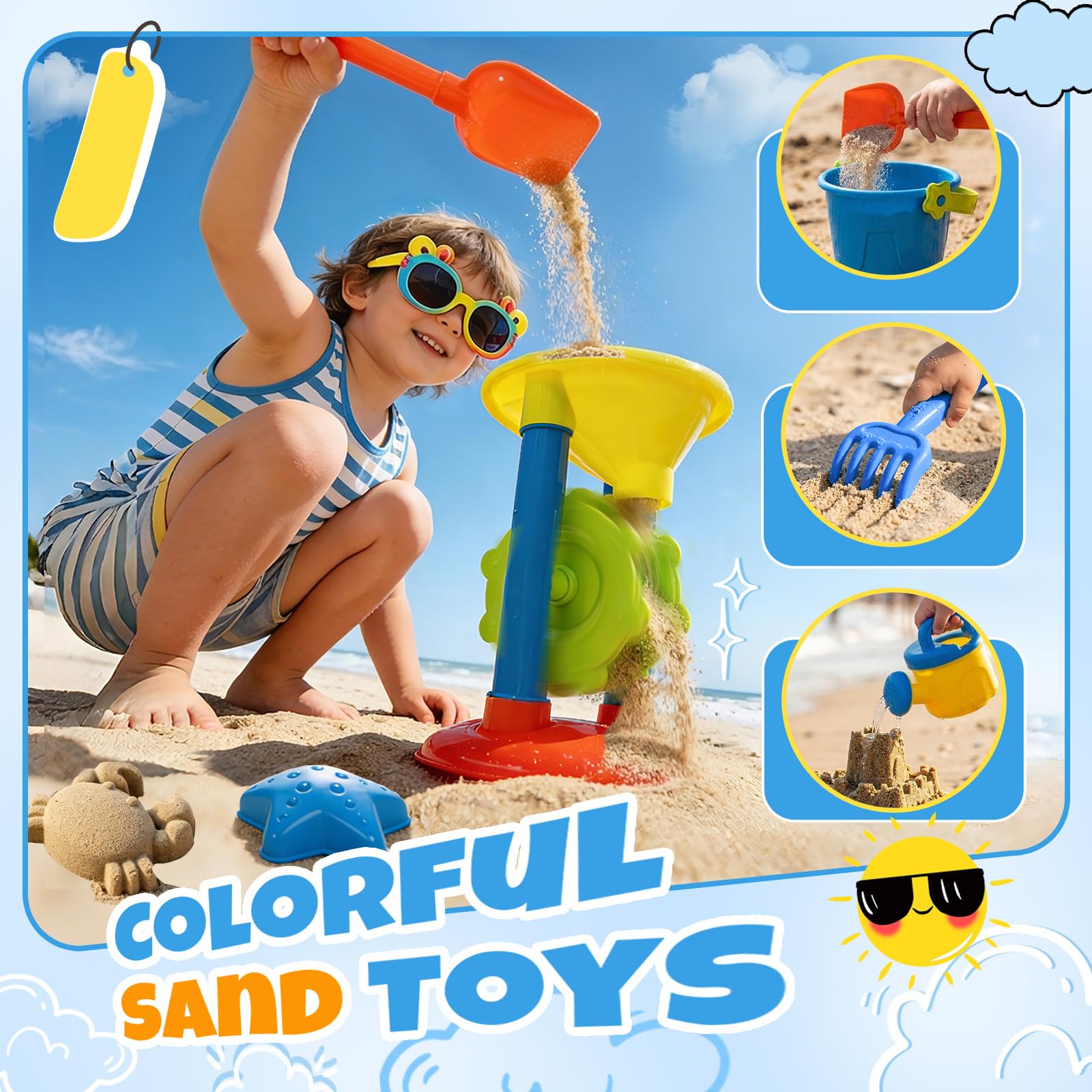 JONRRYIN Giochi Spiaggia Bambini, 44 Pezzi Sabbia Giocattoli con Stampi per Castelli, Secchio Pala Rastrello Stampi, Pietra Preziosa, Giochi Mare Esterno per Bambini Ragazzi Ragazze (Oval)