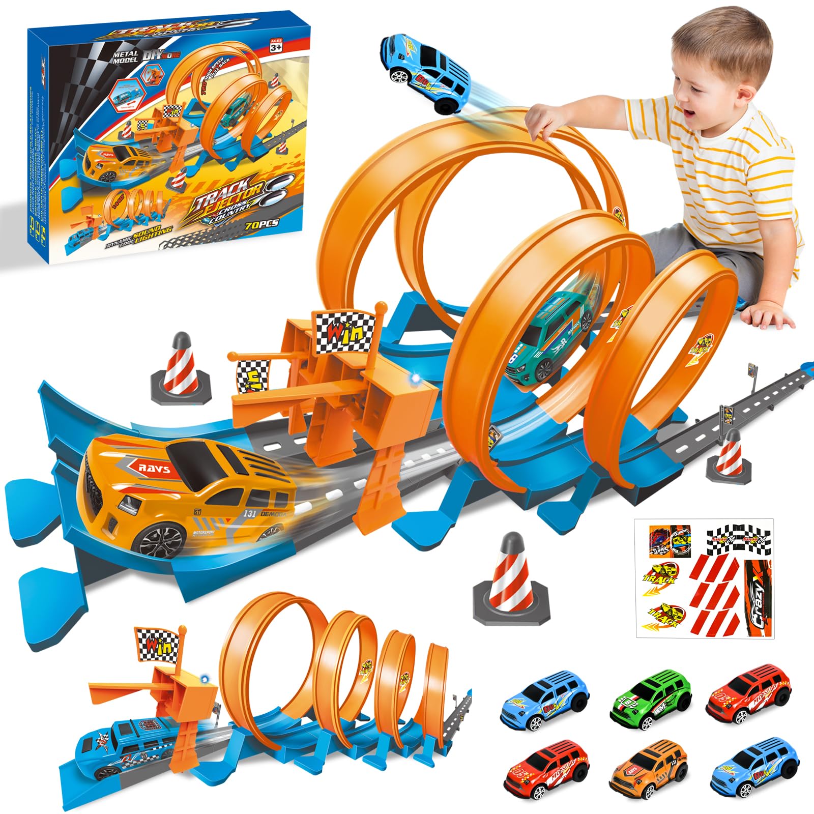 Ulikey Piste de Voiture Enfant, 76 Pièces Flexible Circuit Voitures avec 4 Loopings & 6 Voitures, Pistes de Course Voiture Jouet avec Lumières & Son, Démontage&Stockage, Cadeau Garcon Fille de 3+Ans