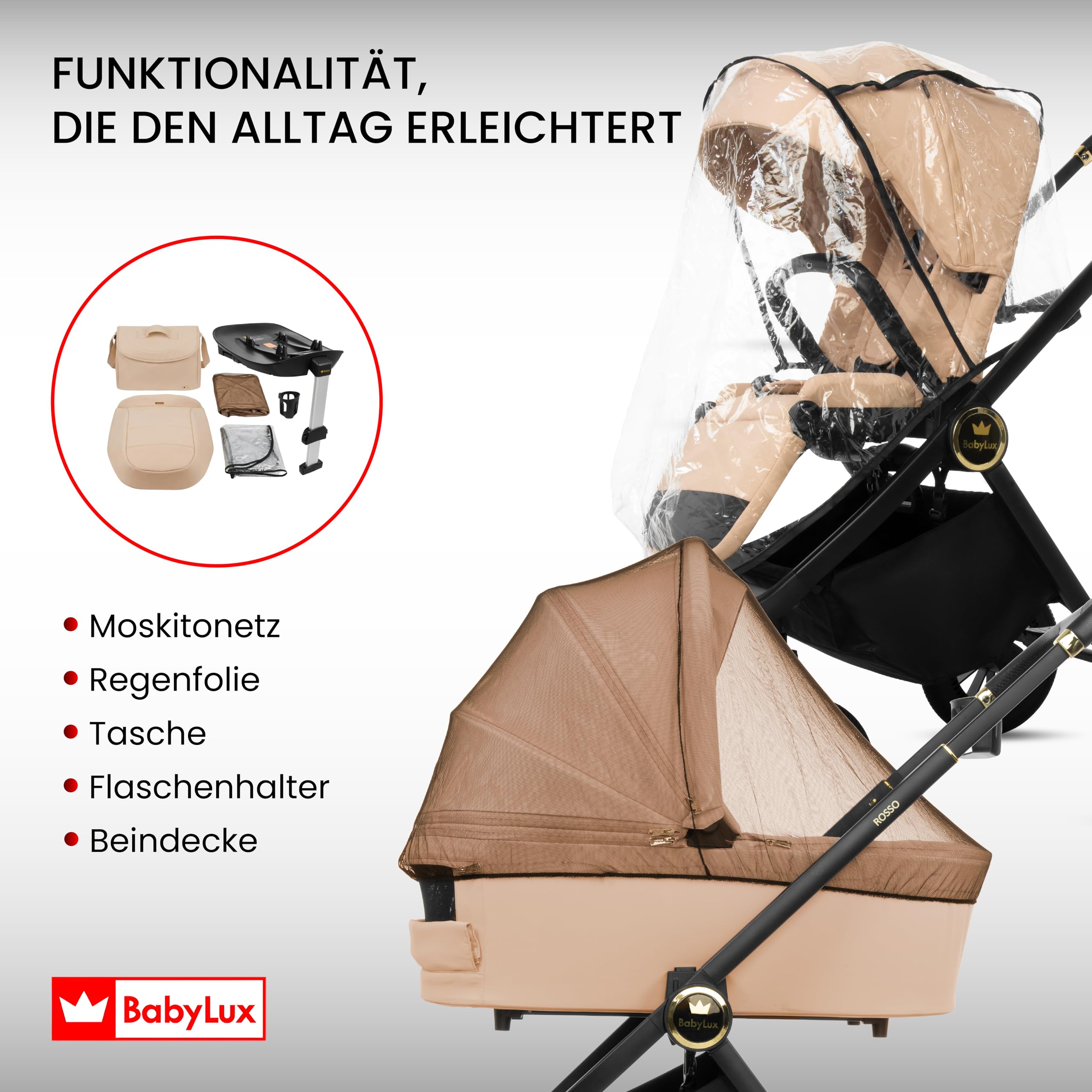 BabyLux® Kinderwagen 3in1 Set ROSSO, Faltbar Leicht Kombikinderwagen Set incl. Babywanne, Buggy Sportsitz, Babyschale i-Size, Wickeltasche und mehr Zubehör, 4 Liegepositionen, 0-22kg, UV Schutz 50+