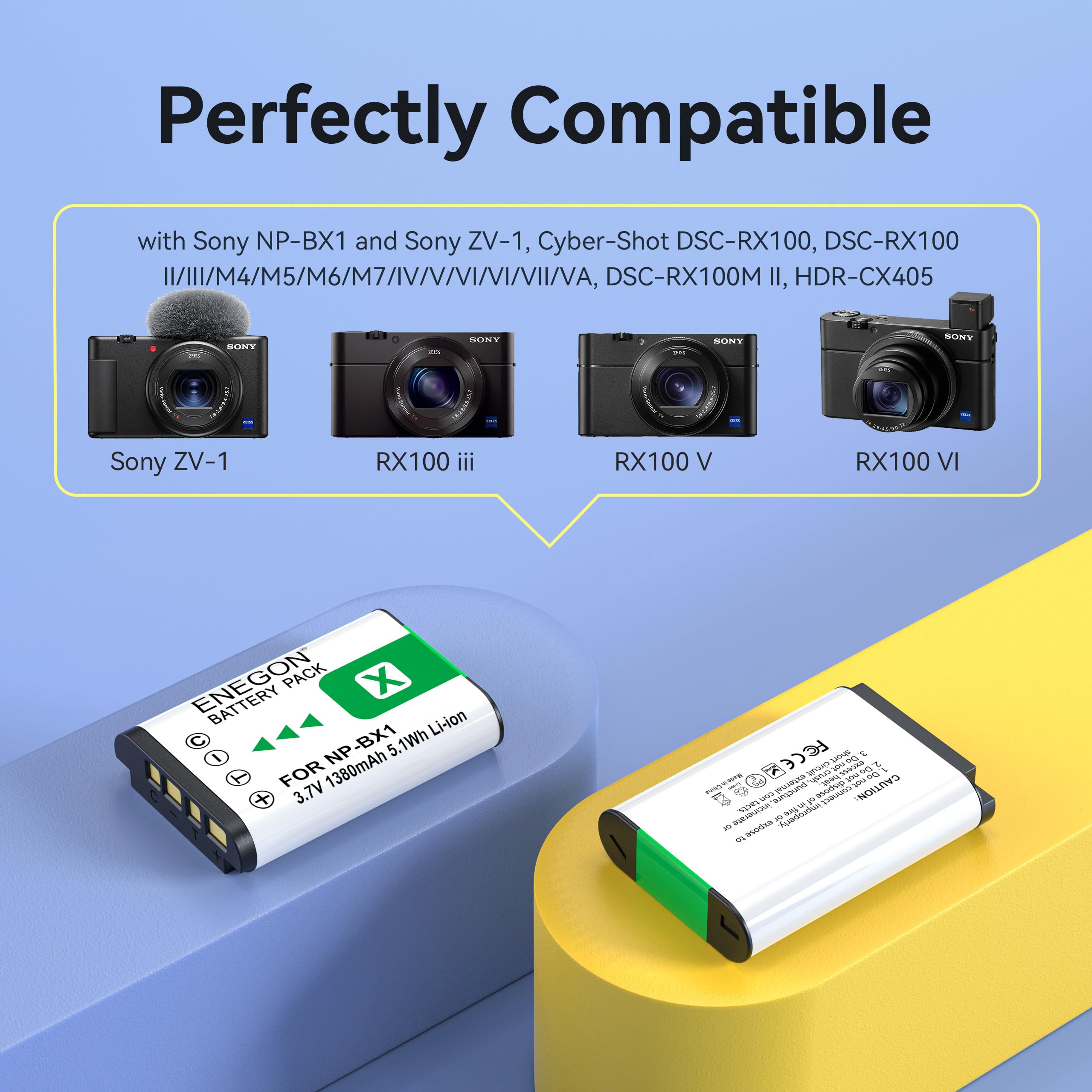 ENEGON NP-BX1 Akku (2 X 1380mAh) + LCD-aufbewahrendes Ladegerät (SD) für Sony NP-BX1 und ZV-1/ZV-1 II, DSC-RX100, DSC-RX100 VII/VI/V/IV/III/II/VA (M7-M2), HDR-CX405, FDR-X3000, HX300