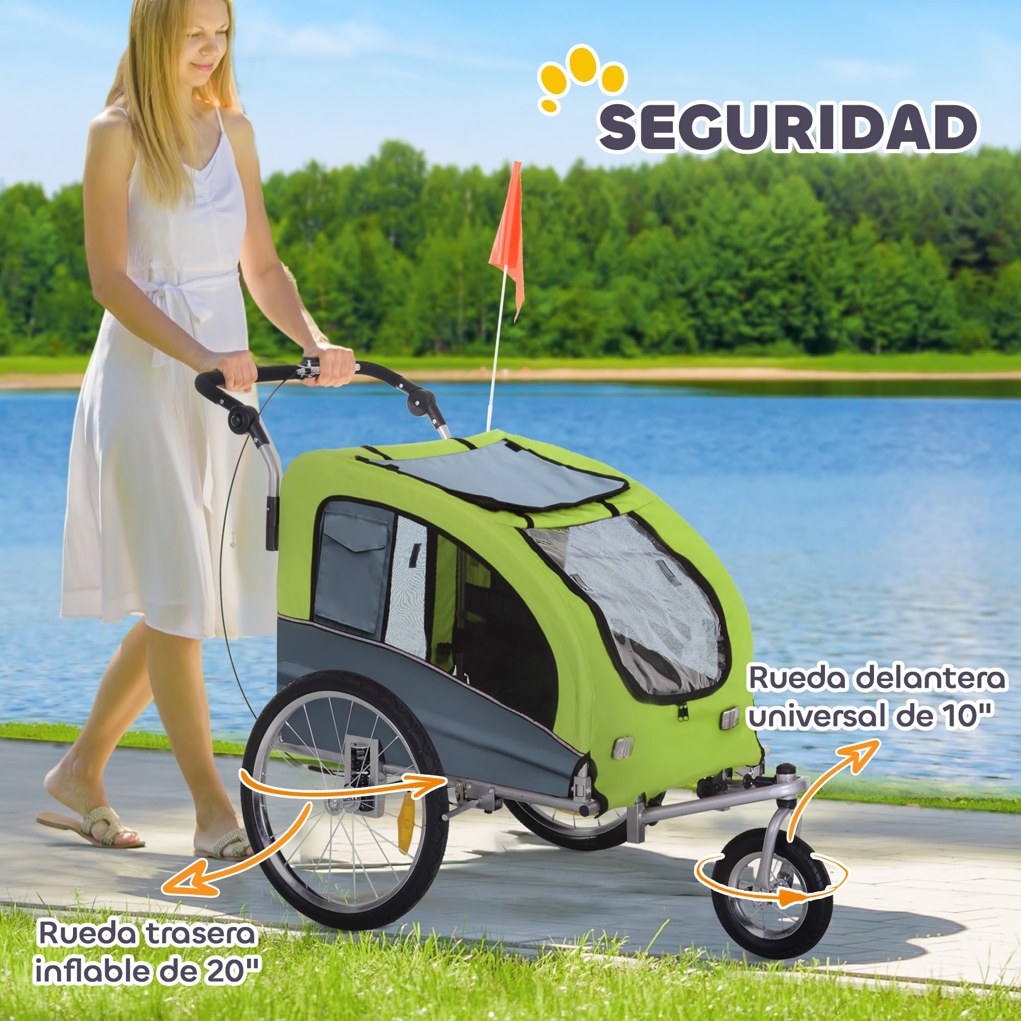 Pawhut Remolque Bicicleta Perros Carro Cochecito para Transporte Mascota 2 en 1 con Barra de Paseo Amortiguador Rueda Giratoria 360° Reflectores Carga Máx. 30kg