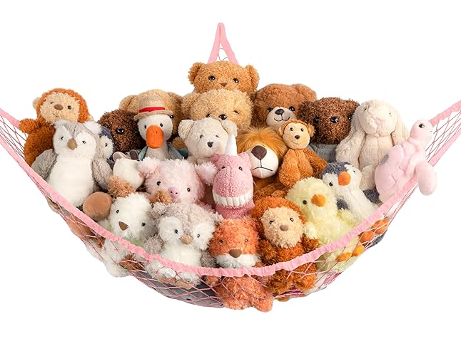 Stuffed Animal Storage Hammock Net Corner - Large Toy Hammock Net for Stuffed Animals Room Decor - Cute Stuff Animal Organizer Holder for Plush Plushie - Kids Baby Nursery Wall Bedroom Home Decor - Pink - 1 Pack