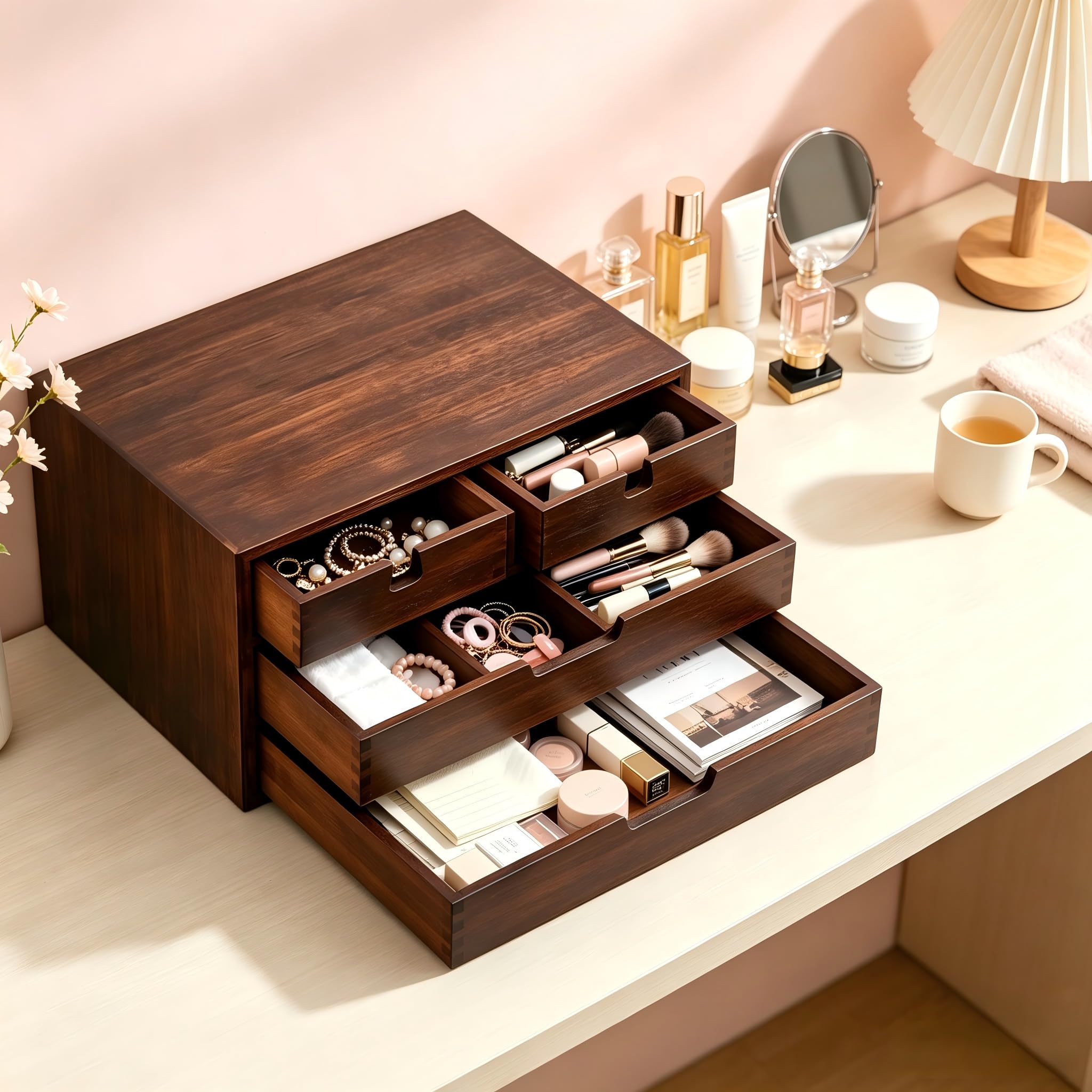 DEAYOU Bambus-Schreibtisch-Organizer, 100% natürlicher Bambus, Schreibtisch-Organizer, dunkelbraune Tisch-Aufbewahrungsbox mit 4 Schubladen für Make-up, Briefe, 3 Ebenen, vollständig montiert