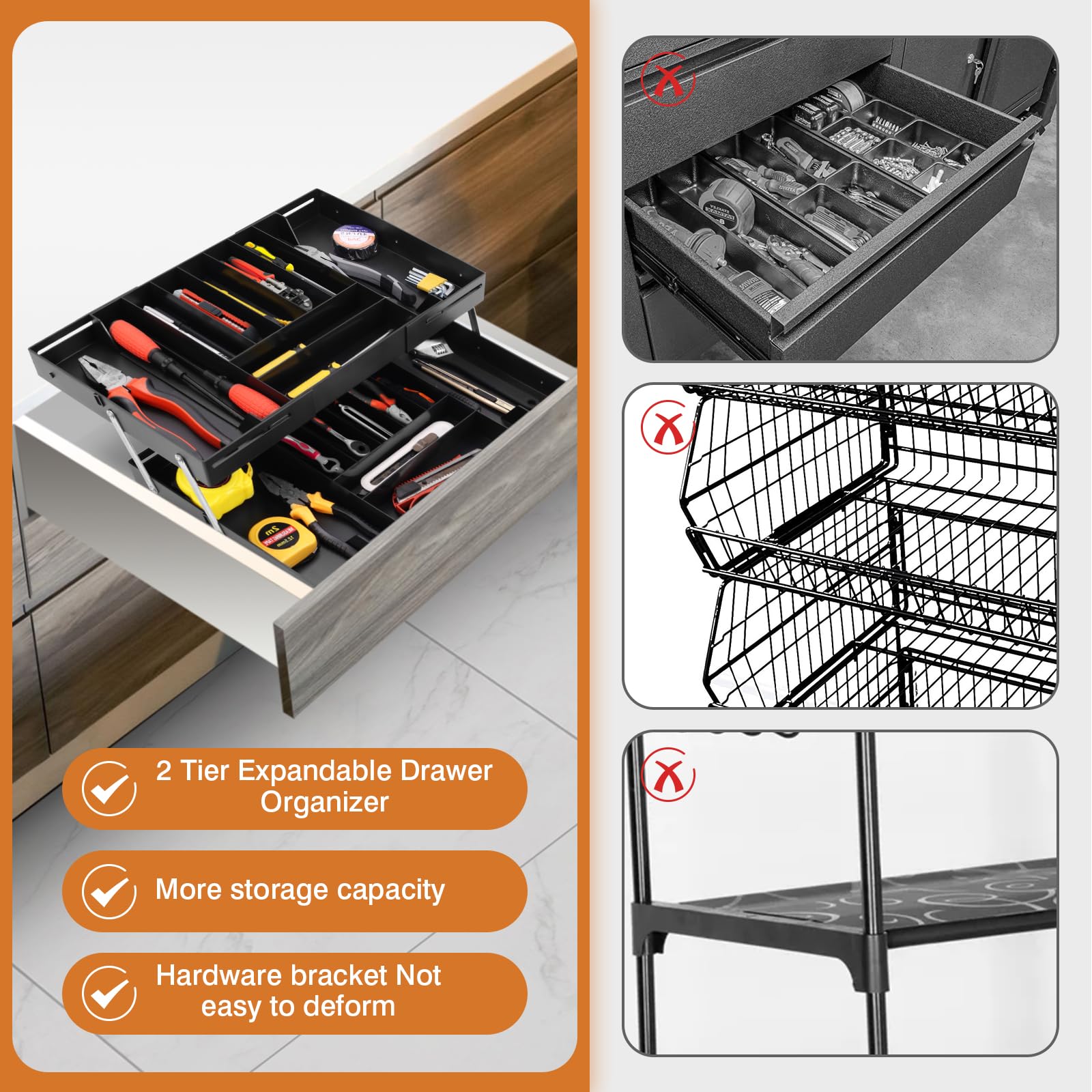Organizer per cassetti a 2 ripiani, extra large e alto, espandibile, organizer da scrivania per strumenti di ferramenta, trucchi, gioielli (nero)