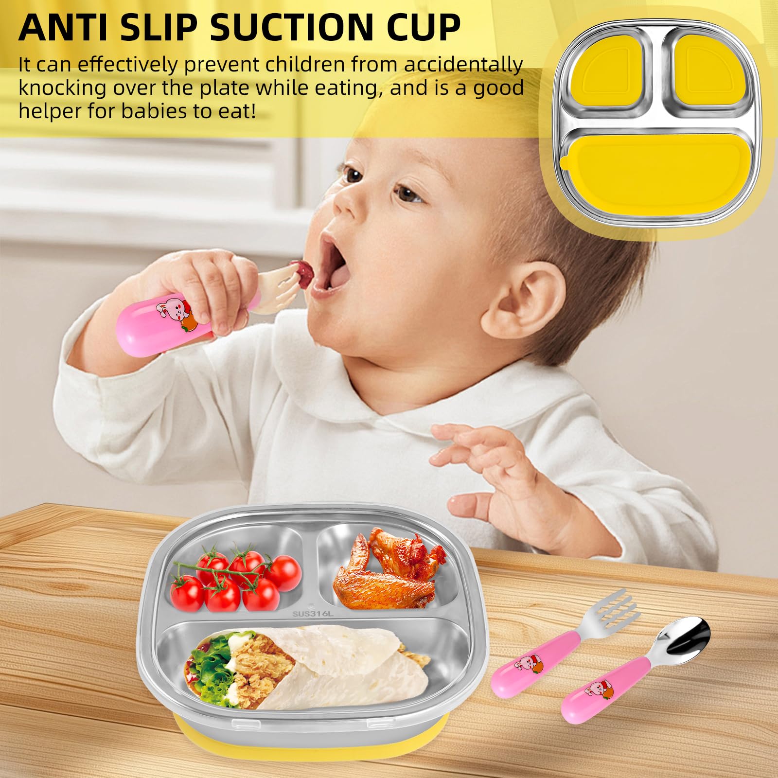 Edelstahl Baby-Teller Mit Saugnapf - 3-fach Unterteilt Mit Deckel, Rutschfest & Lebensmittelecht