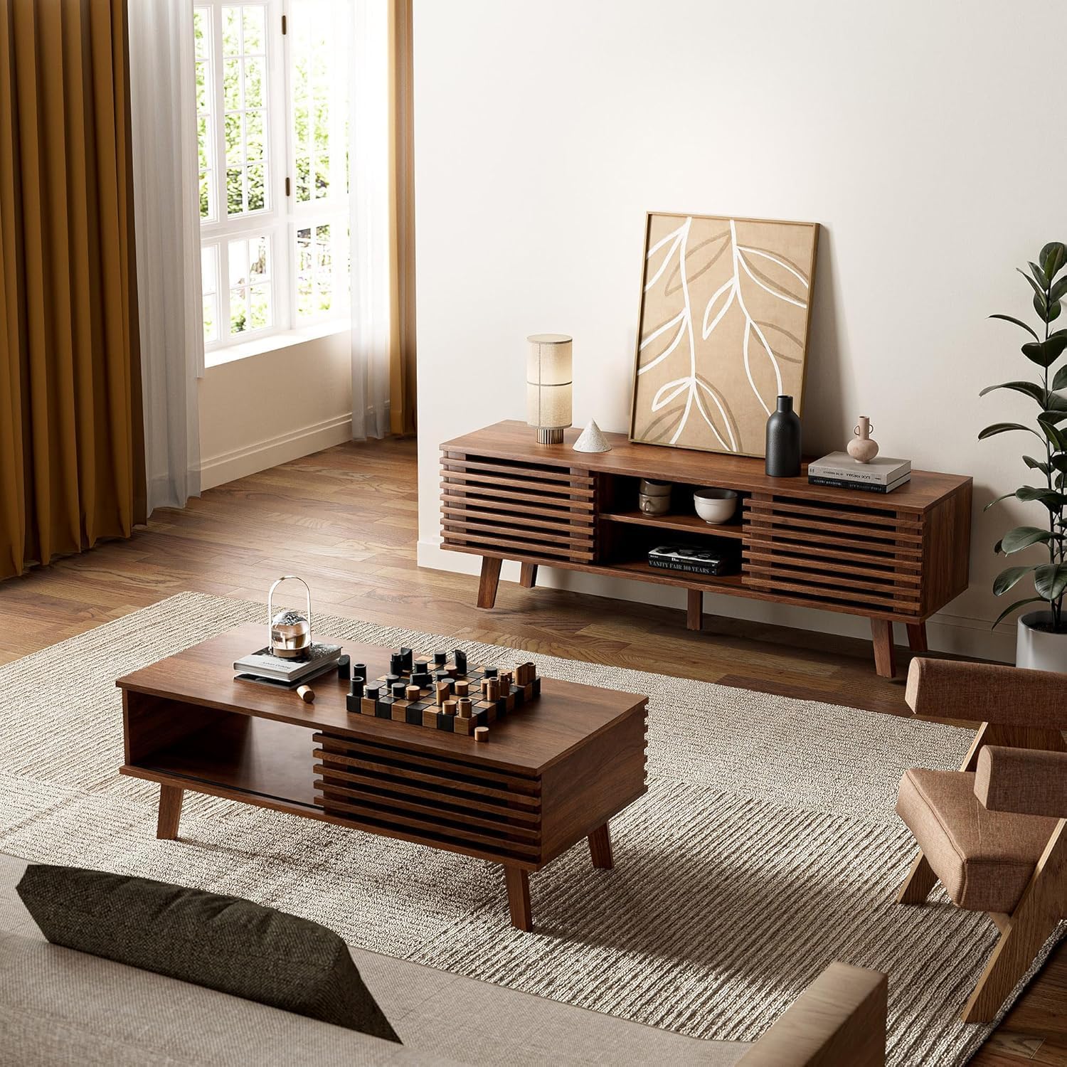 MAISONARIA Living Room Table Sets of 2, Mid Century Coffee Table & Dresser TV Stand, Sliding Door Coffee Table with Storage, Modern TV Stand for Bedroom, Living Room (Walnut)
