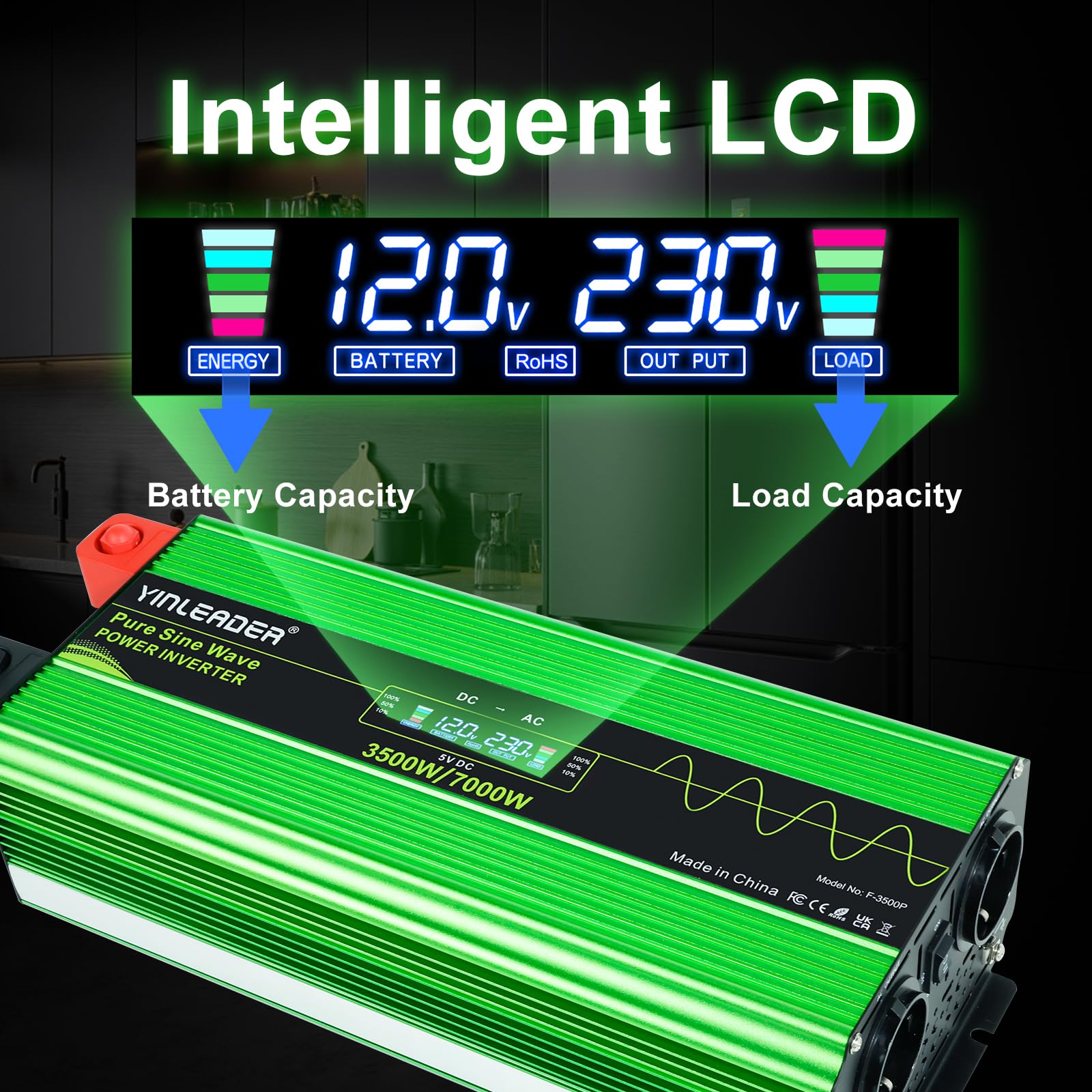 Yinleader 3500W /7000W Spannungswandler 12V auf 230V Reiner Sinus, Wechselrichter mit Fernbedienung, 2 EU-Steckdosen, 4 USB und LCD, Heavy Duty Inverter für Wohnmobil, LKW & Solar