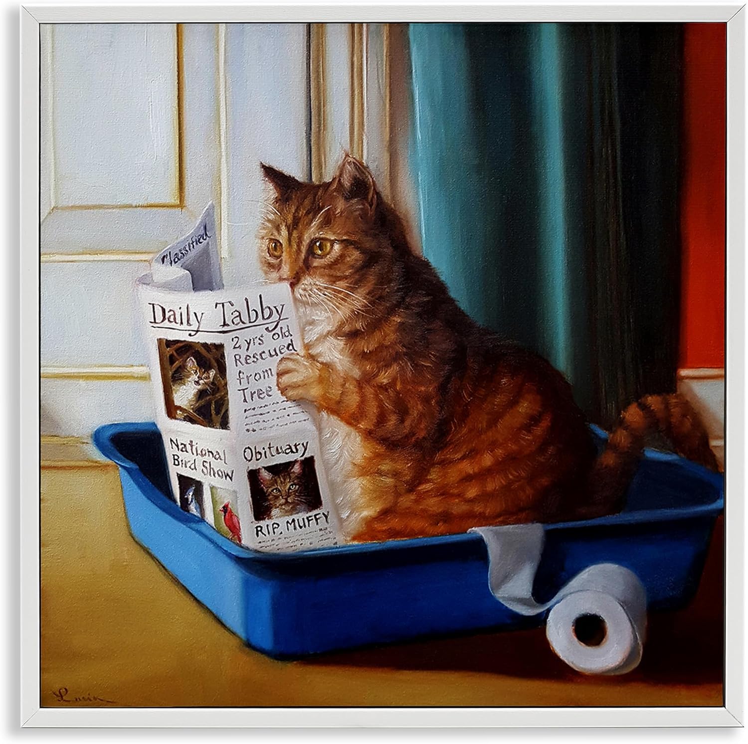 Stupell Industries Litter Box Reading Funny Cat Pet Painting, Design by Lucia Heffernan White Framed Wall Art, 24 x 24, Multi-Color