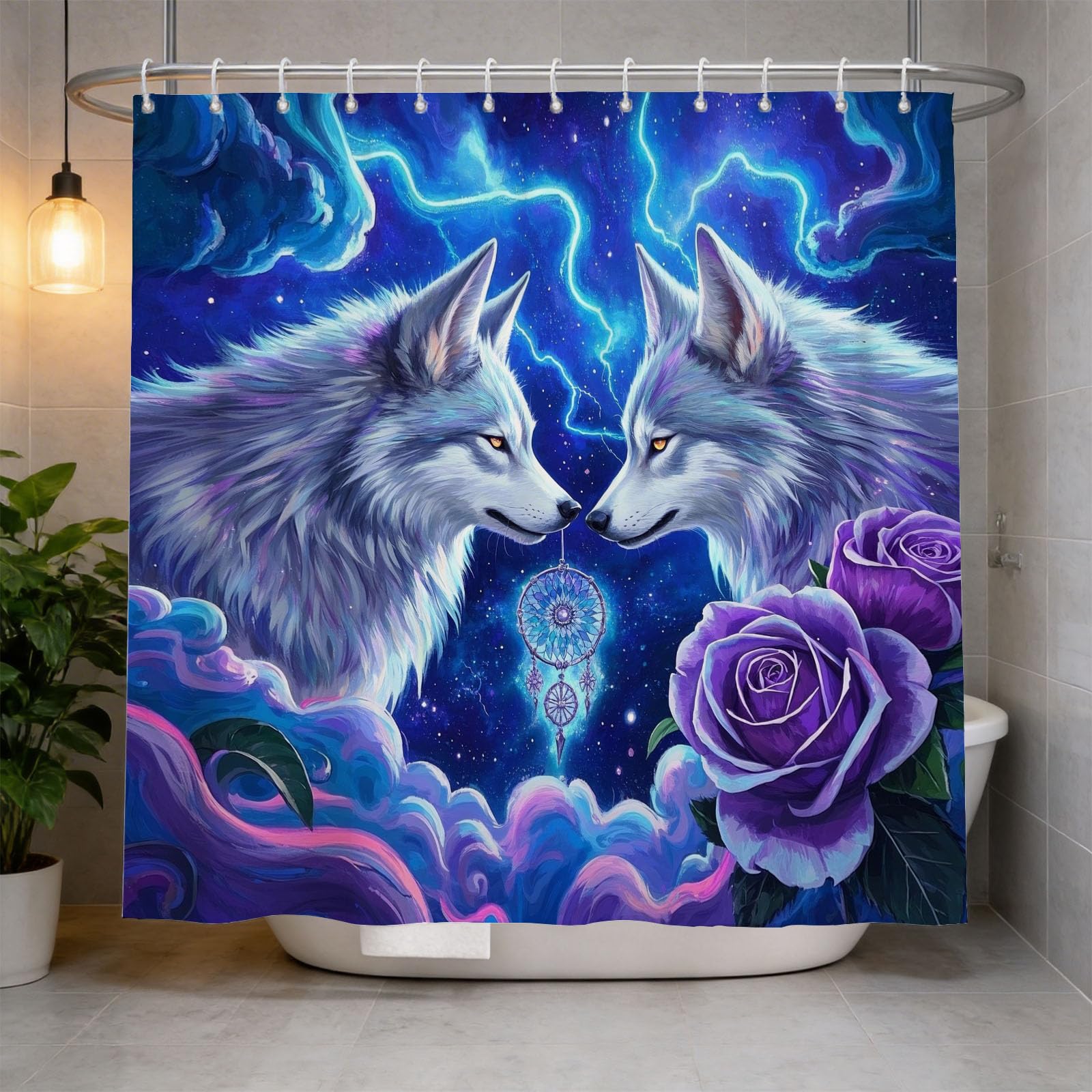 Hongduo 3D Wolf Feather Shower Curtain for Stalls Bathtubs Romantic Bathroom Decor Shower Curtain Set Polyester Fabric Waterproof 180x200cm/71X79 Inch with Hooks
