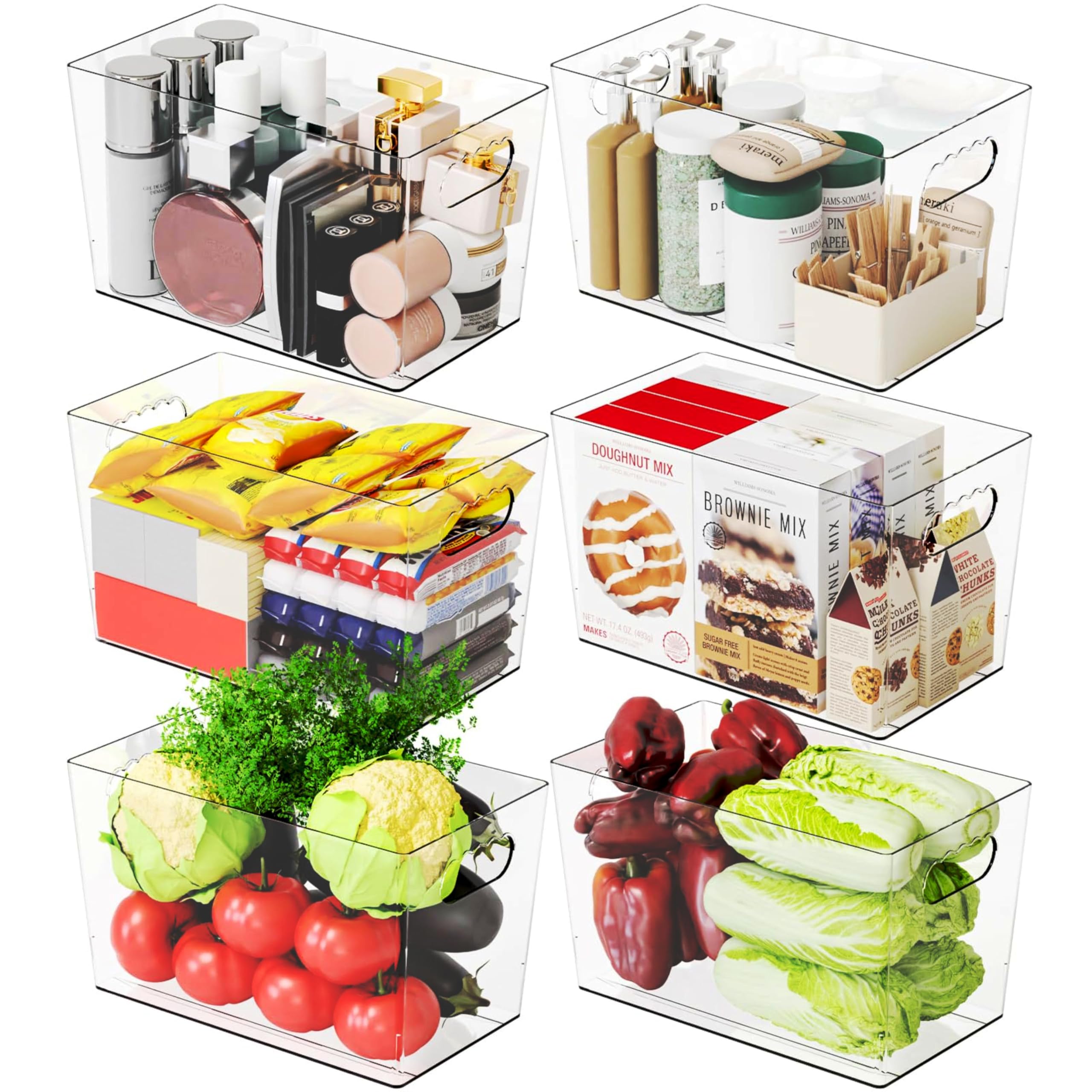 Paquete de 6 contenedores de plástico transparente para organizar, con asa, contenedores organizadores grandes de despensa de 11 pulgadas para estantes, aperitivos, alimentos o suministros de limpieza