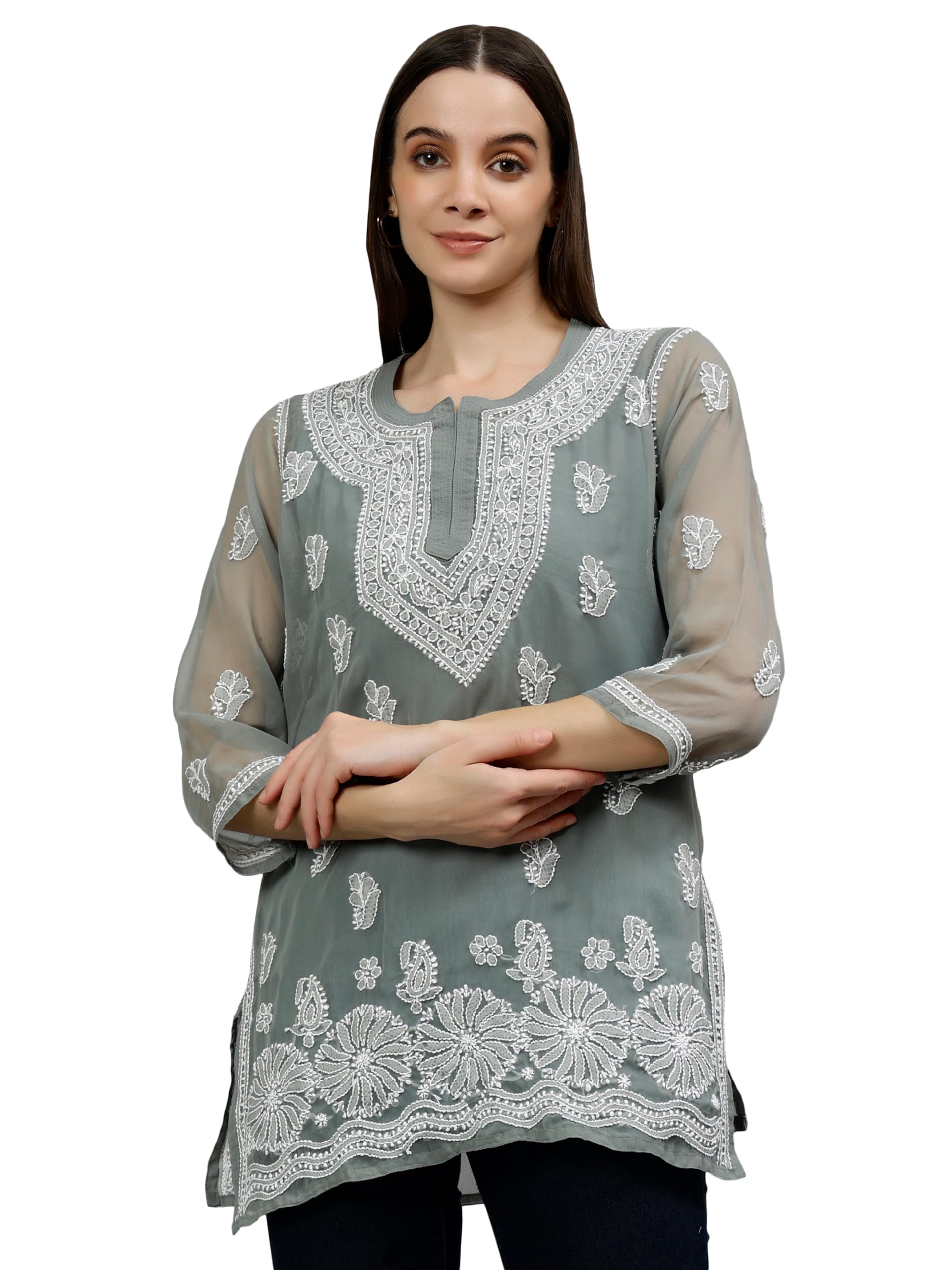 Hand Embroidered Lucknowi Chikankari Georgette Women's Short Top Tunic with Slip SCL9115-image-24