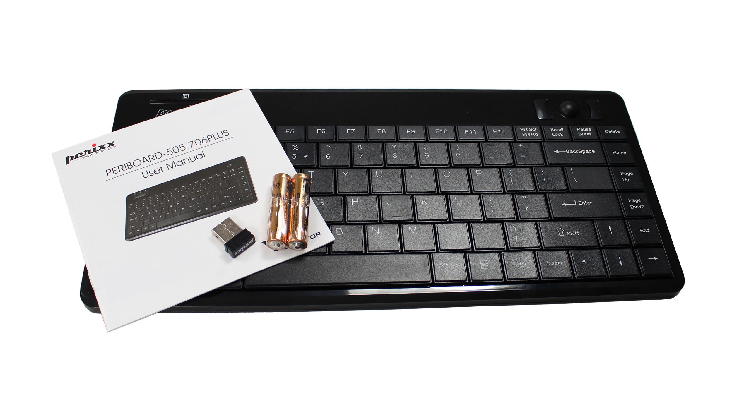 Perixx PERIBOARD-706 bezprzewodowa mini klawiatura Trackball, wbudowana 1,5 cm Trackball do funkcji wskazującej, układ USA