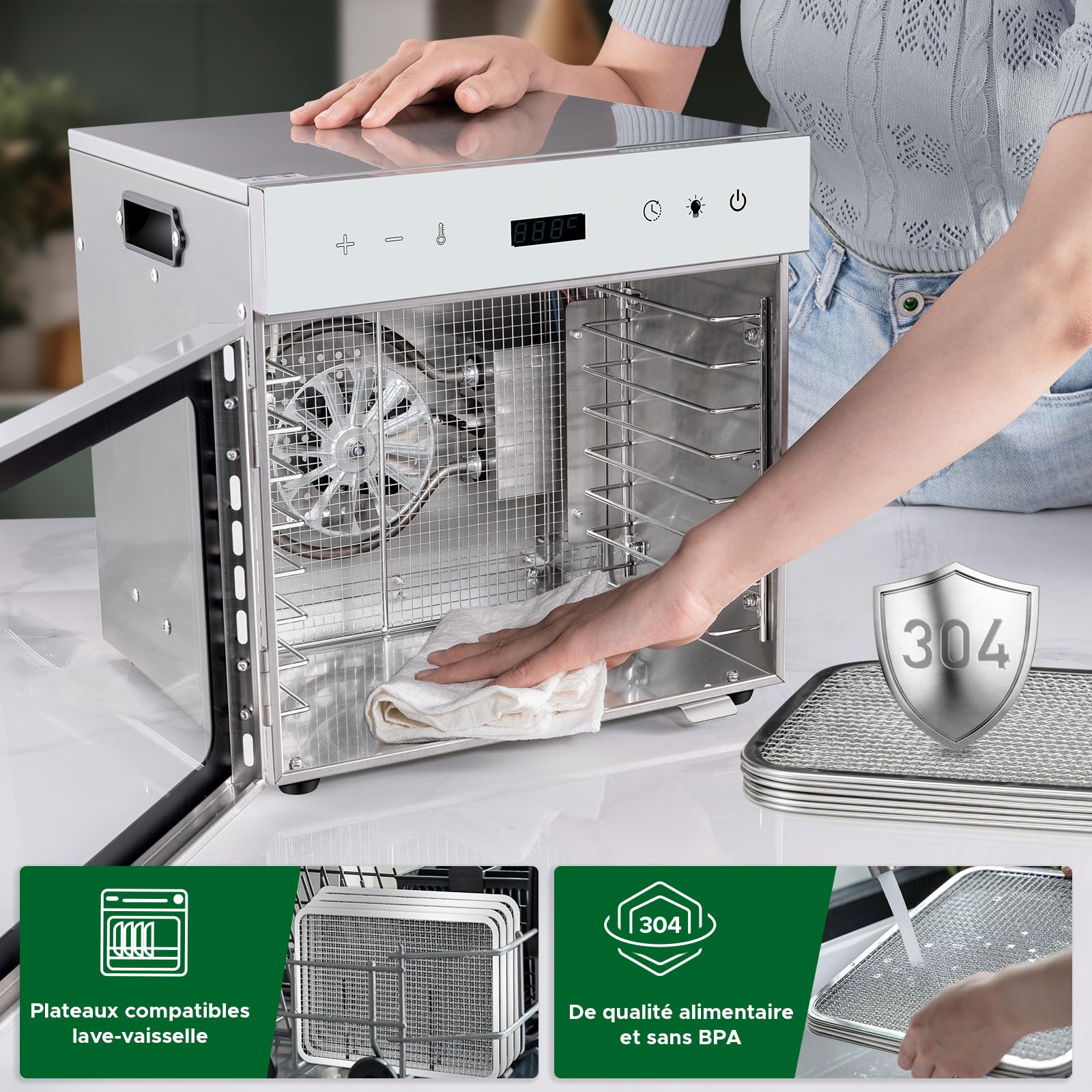 Kwasyo Deshydrateur Alimentaire en acier inoxydable, 8 Plateaux, régulateur de température de 30 à 90 °C, fonction minuterie de 24 h, sans BPA, déshydrateur pour fruits, viandes, légumes