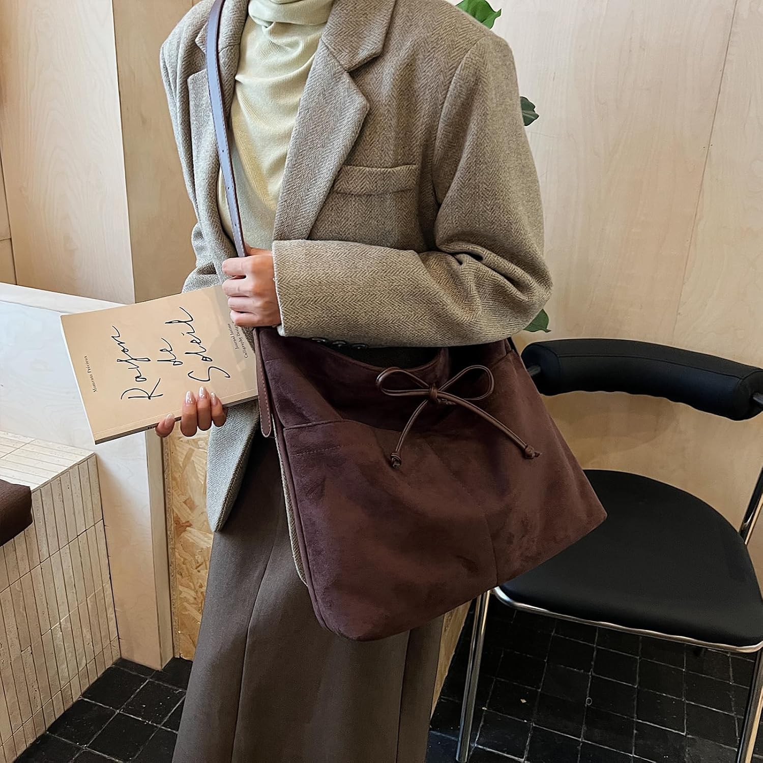 JQAliMOVV Suede Crossbody Bags for Women Trendy Vintage Bow Slouchy Bag Suede Slouchy Shoulder Bag Slouchy Hobo Purse - Image 3