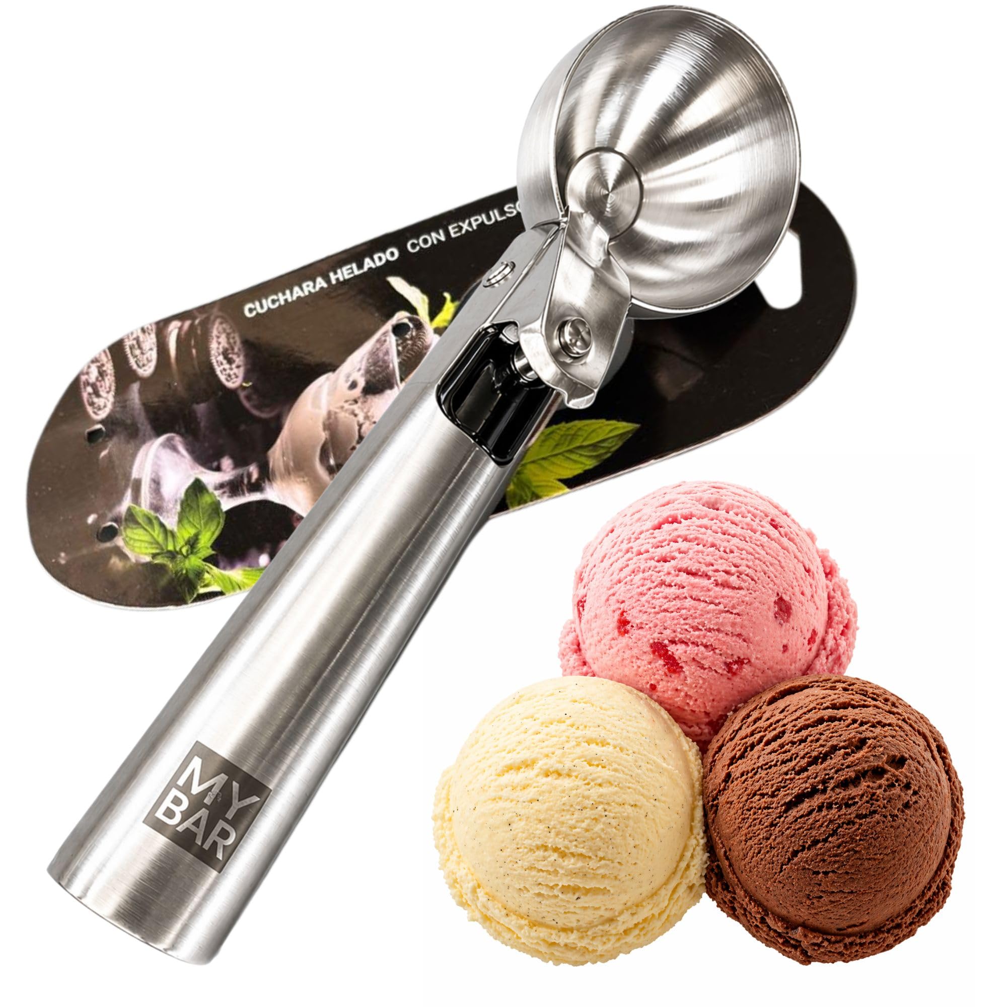 Cuchara de Helado con Gatillo – Acero Inoxidable 18/10, 18 cm, Bola 4,9 cm – Sacabolas para Helado, Melón, Albóndigas y Masa – Mango Ergonómico, Antiadherente y Apta Lavavajillas