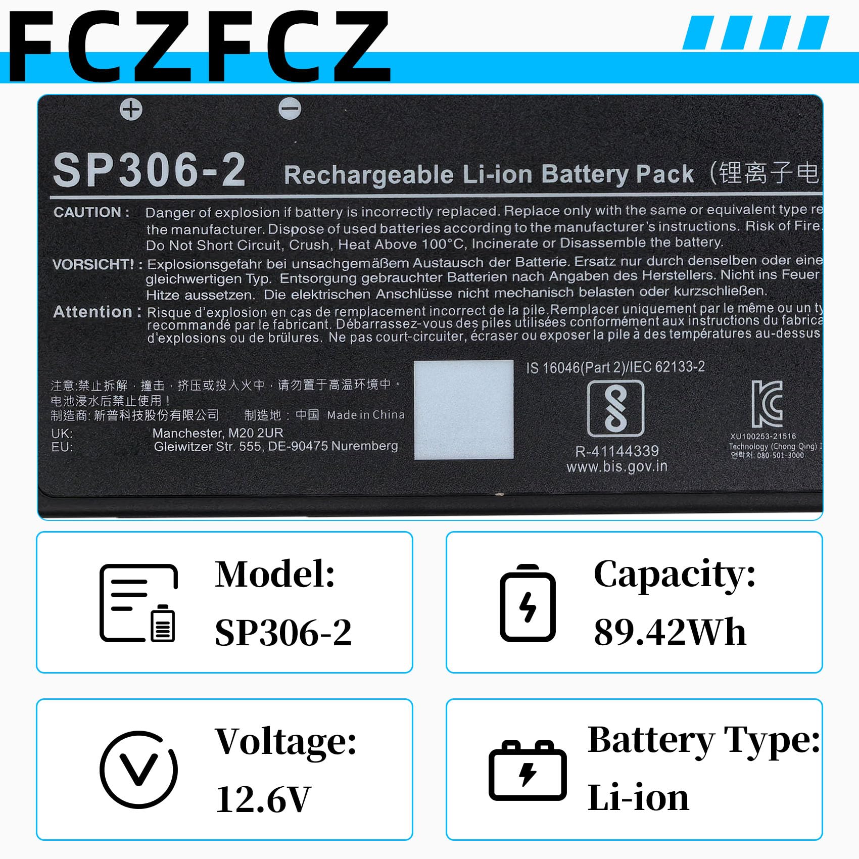 Amazon.com: FCZFCZ SP306-2 Laptop Battery 89.42Wh 8280mAh
