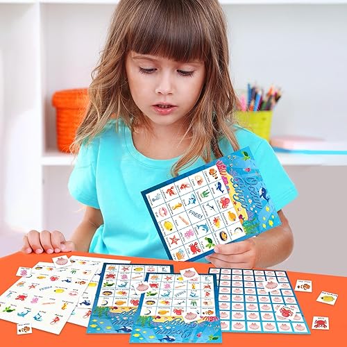 Miniatura 7 de Liliful Tarjetas de juego de bingo de animales del océano para niños, 24 tarjetas de bingo de mar, juego temático del océano para fiestas bajo el