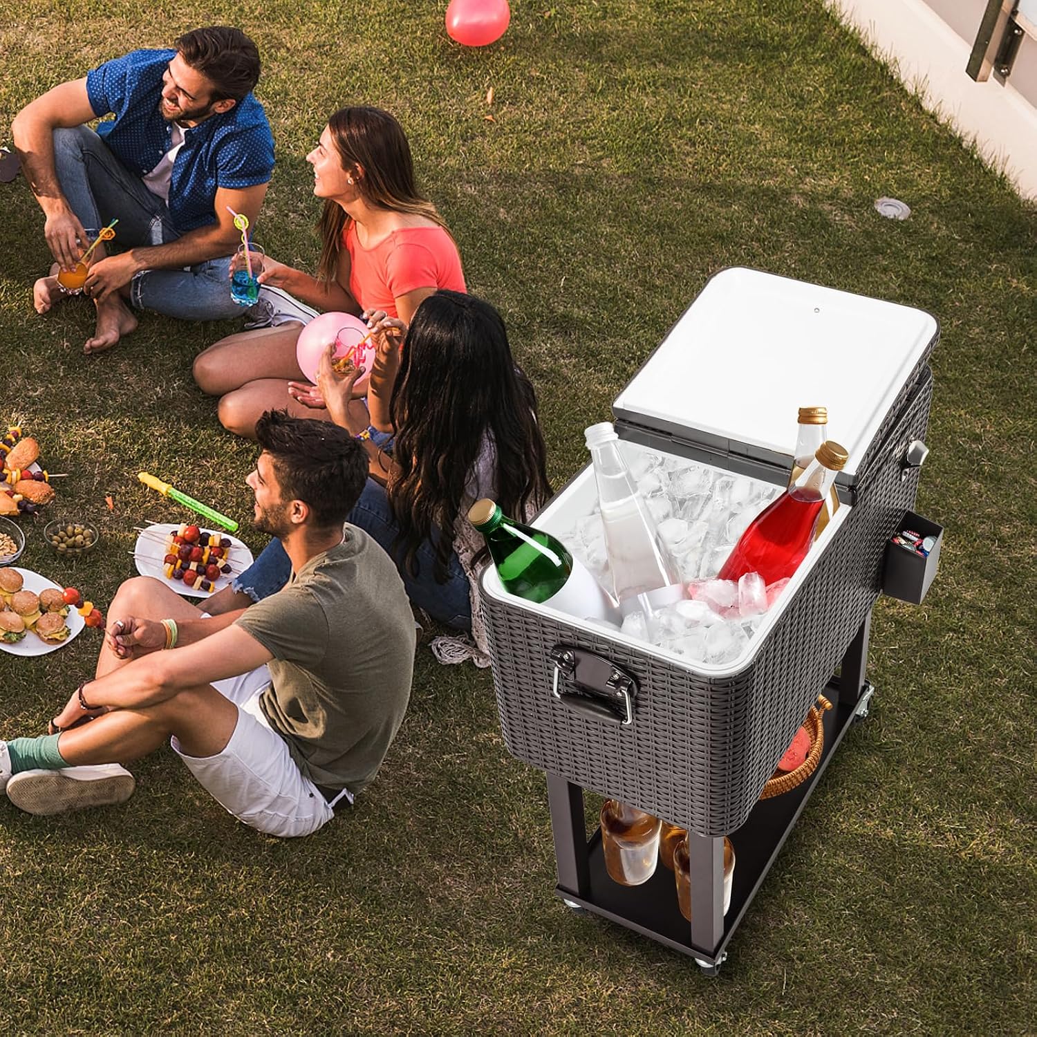 80 Quart Rolling Cooler with Wheels - Ice Chest Coolers Cart, Portable Stand Up Cooler Chest, Beverage Pool, Bottle Opener, Drain Plug for Outdoor Patio Bar Party